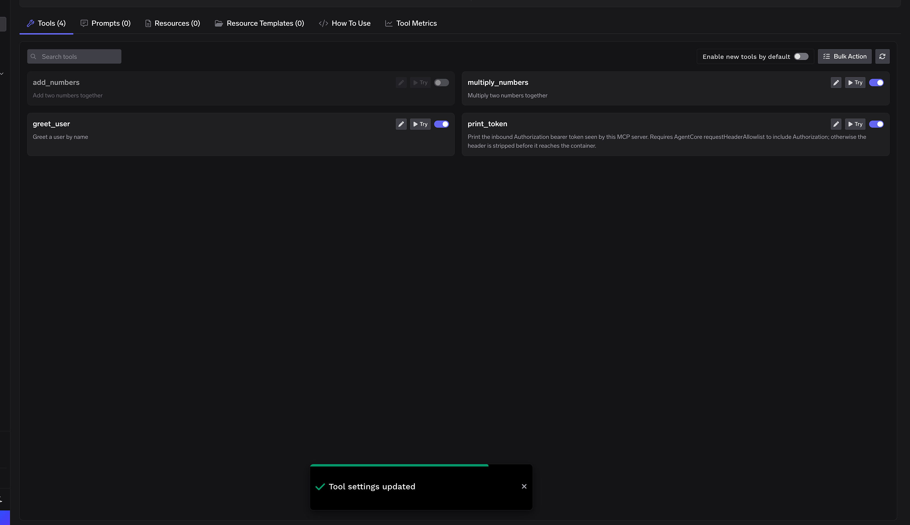 Tool settings updated toast after saving changes with one tool disabled