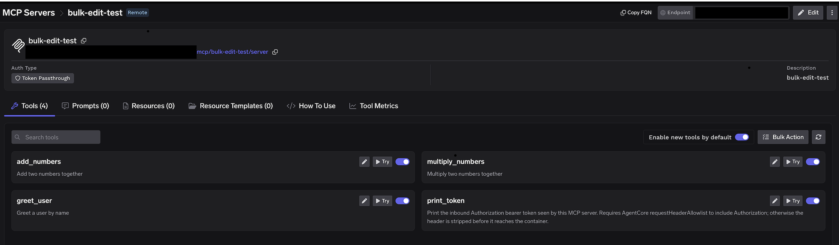 MCP server Tools tab showing per-tool toggles, Enable new tools by default turned on, and Bulk Action button