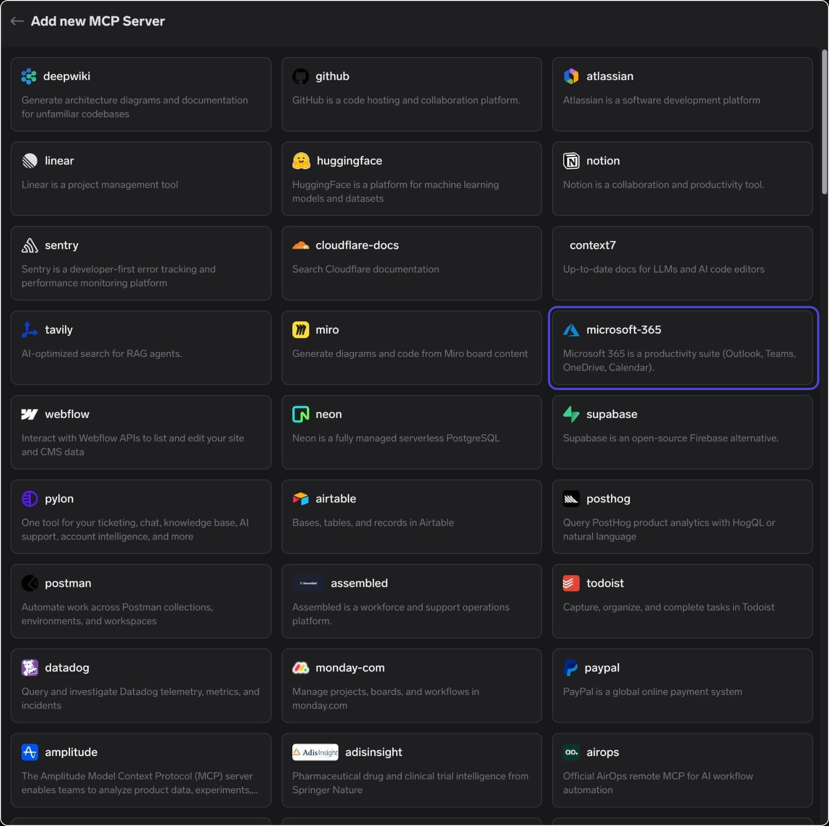 TrueFoundry Managed MCP catalogue with the microsoft-365 card highlighted