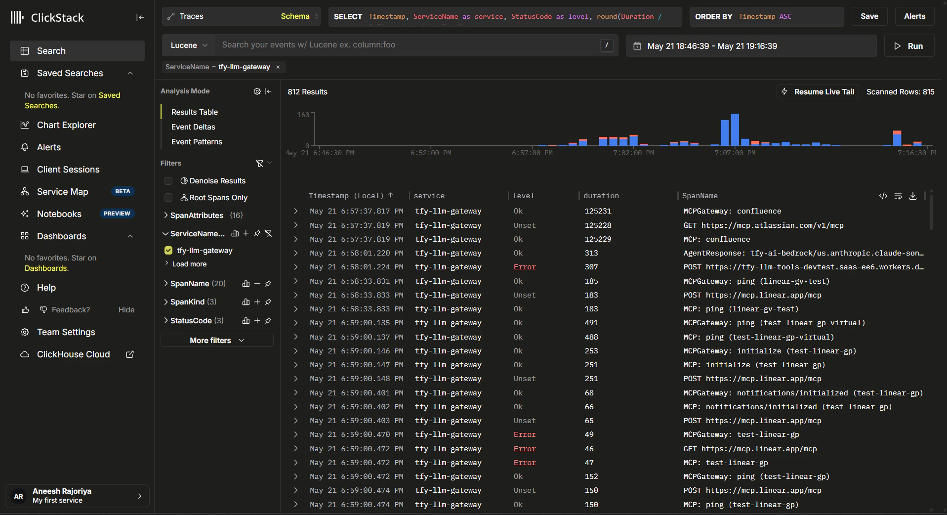 ClickStack Traces view showing tfy-llm-gateway spans from TrueFoundry AI Gateway