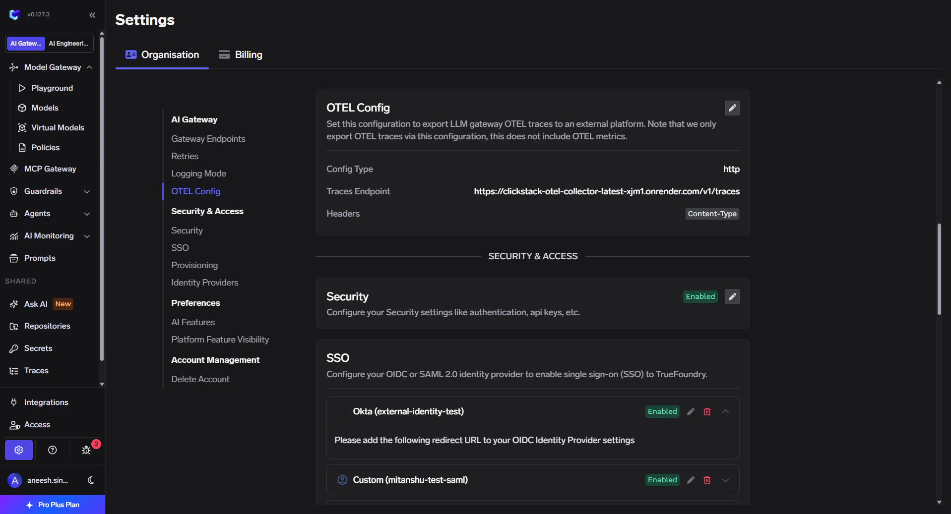 Settings Organisation AI Gateway OTEL Config summary card in TrueFoundry