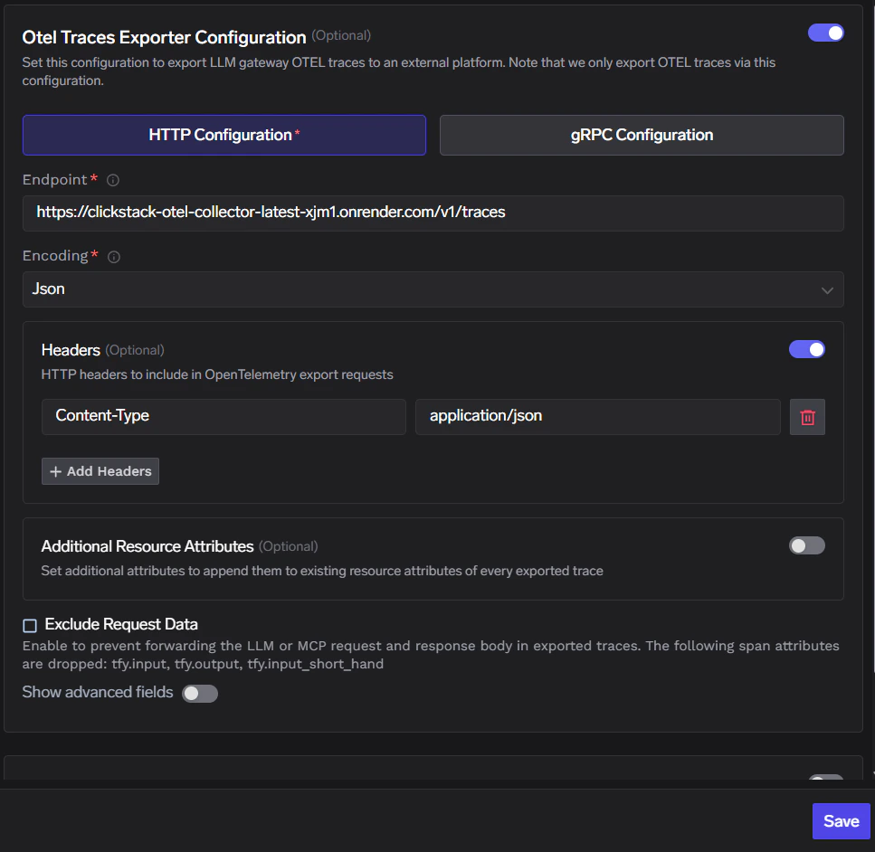 TrueFoundry OTEL HTTP exporter form for ClickStack with JSON encoding and Content-Type header