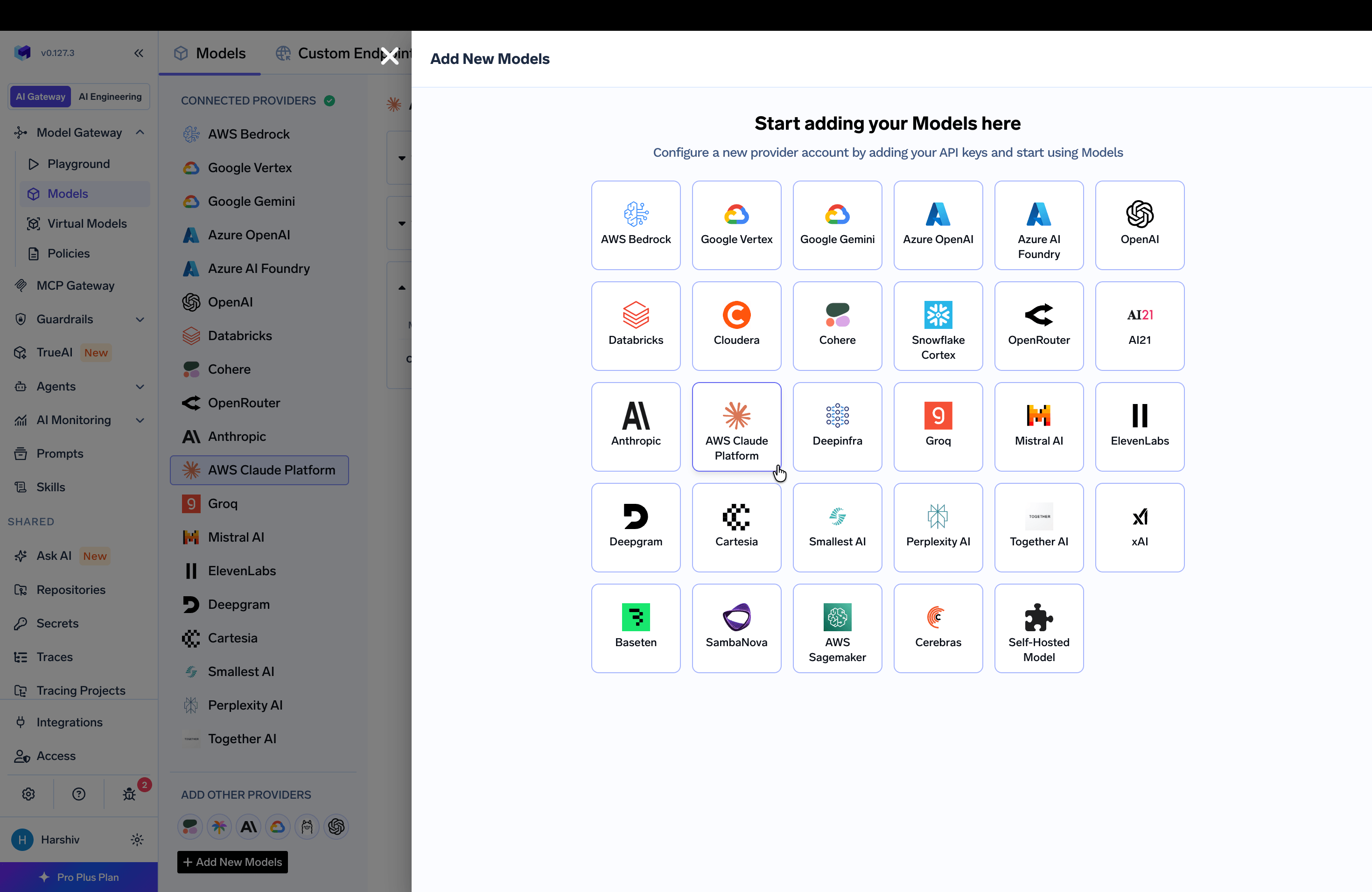 Navigating to AWS Claude Platform Provider Account in AI Gateway