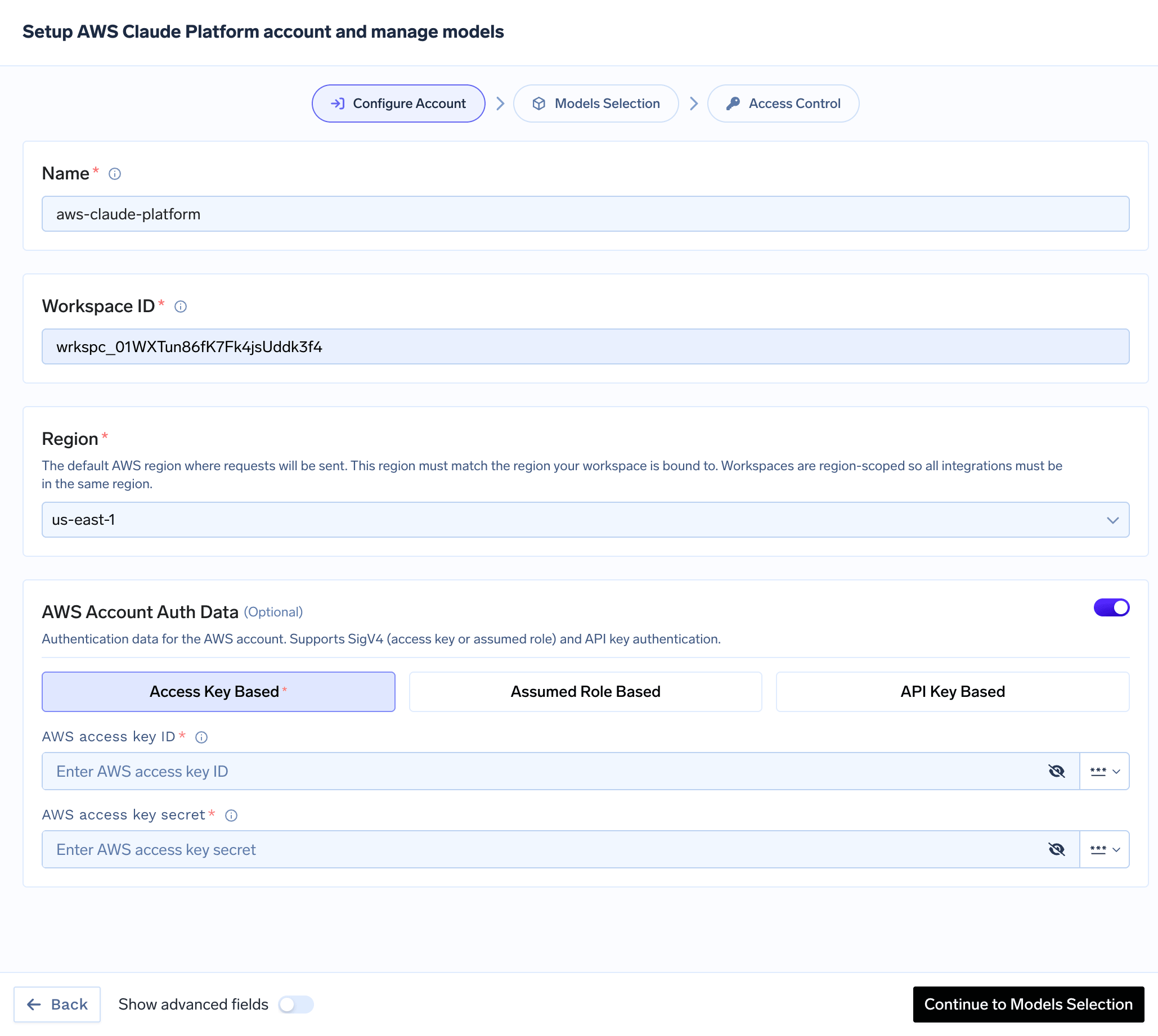 AWS Claude Platform authentication form with workspace ID, region, and auth type selector