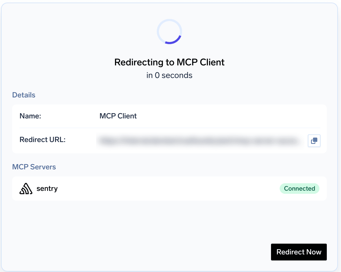 The browser redirect page showing the server as Connected and a Redirect Now button back to the IDE