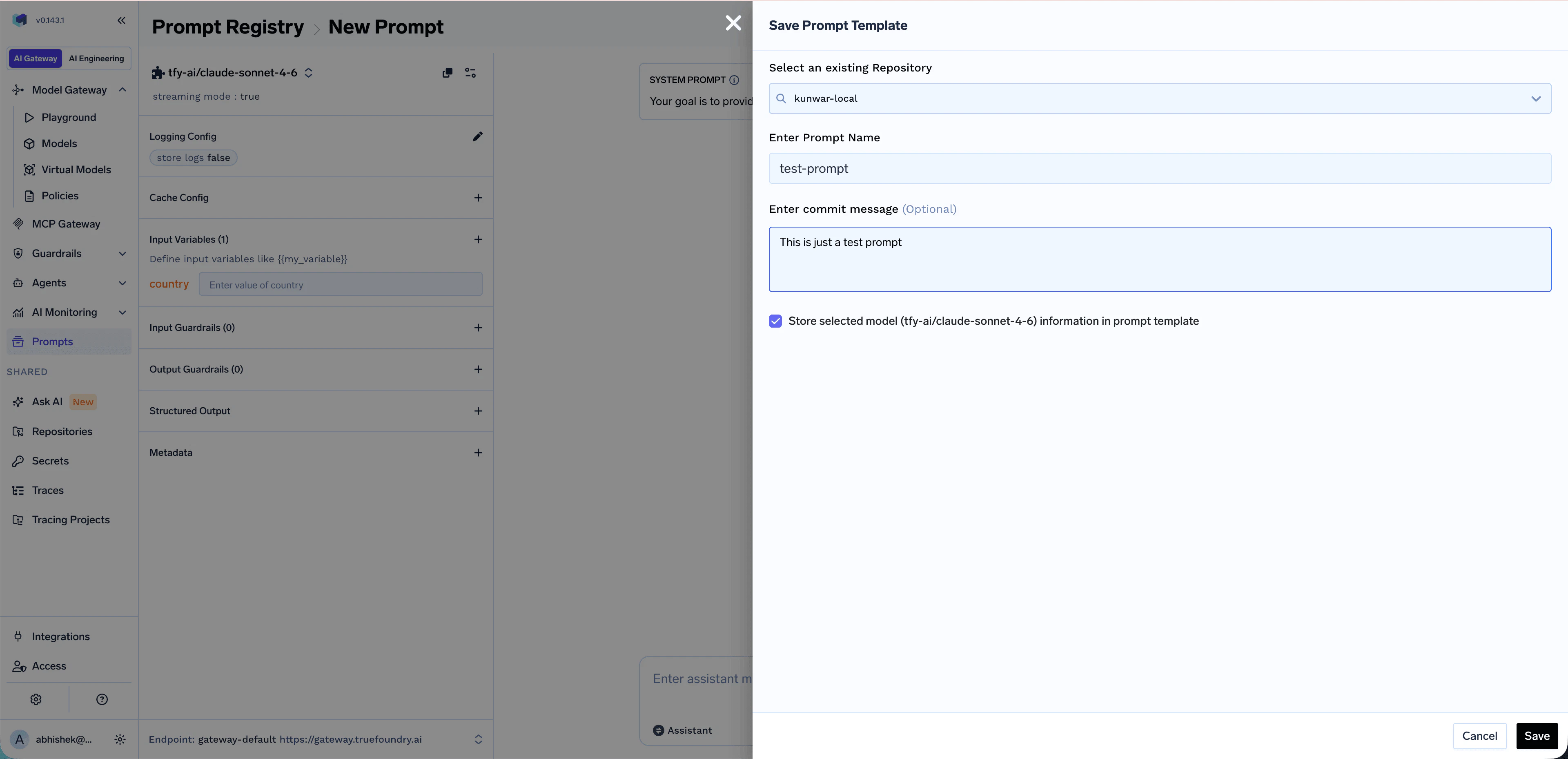 Save Prompt Template side panel with Repository dropdown set to kunwar-local, Prompt Name set to test-prompt, an optional commit message, and the checkbox to store model information in the template