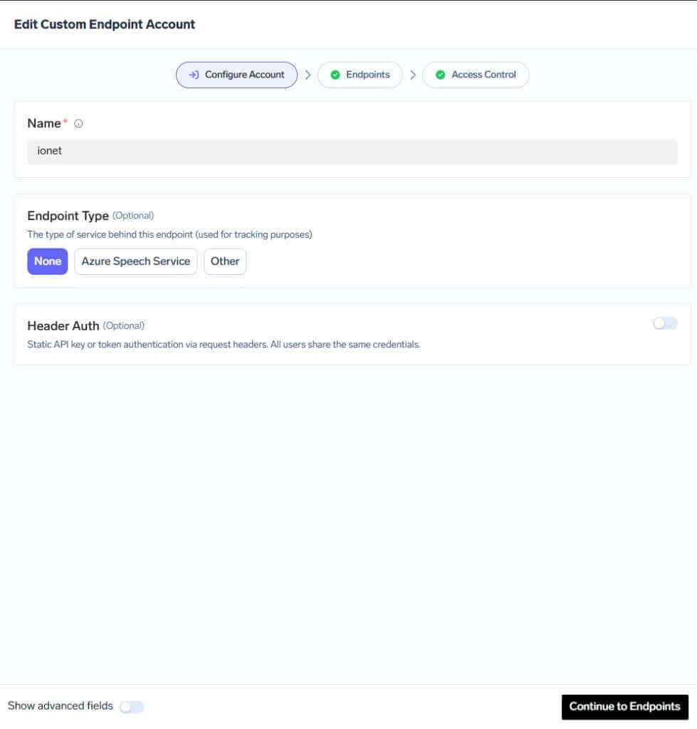 Create a Custom Endpoint provider account for io.net