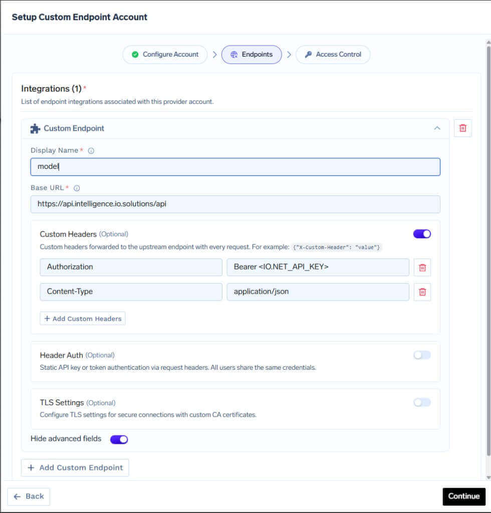 Custom Endpoint form for io.net with Base URL and custom headers
