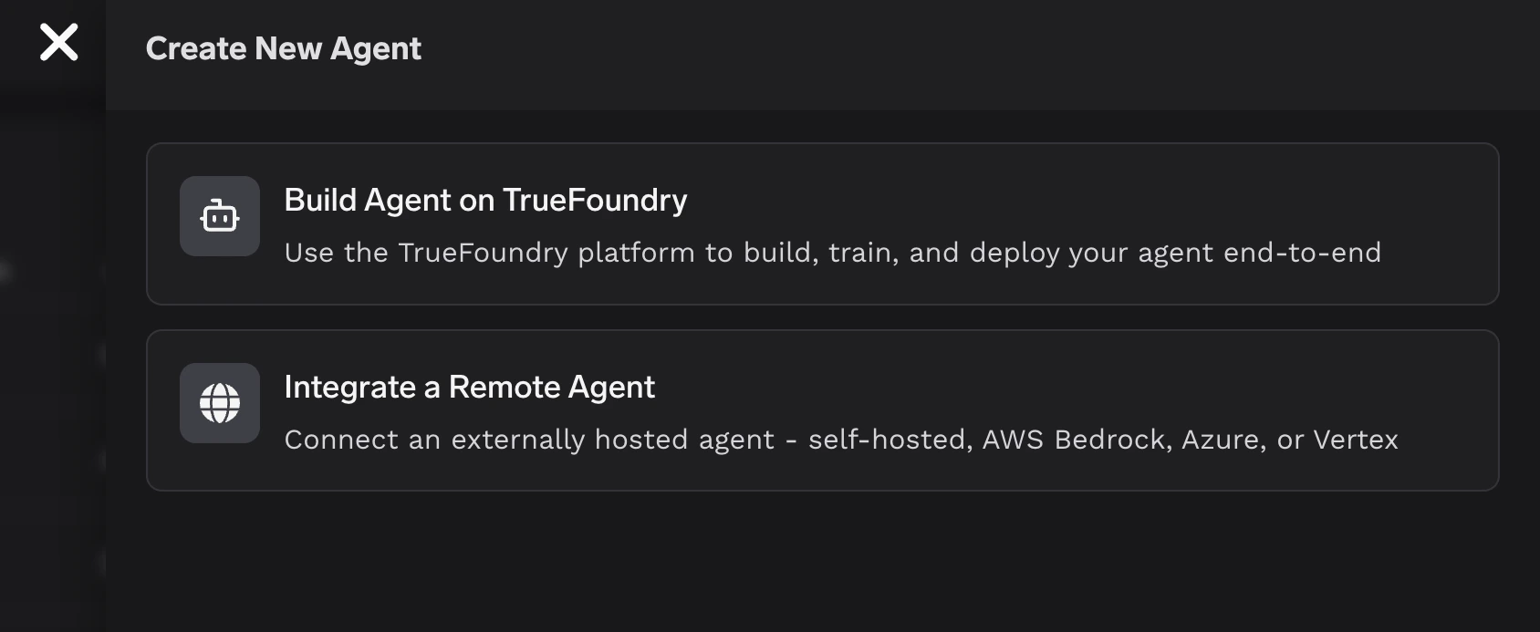 Create New Agent dialog showing TrueFoundry and Remote options