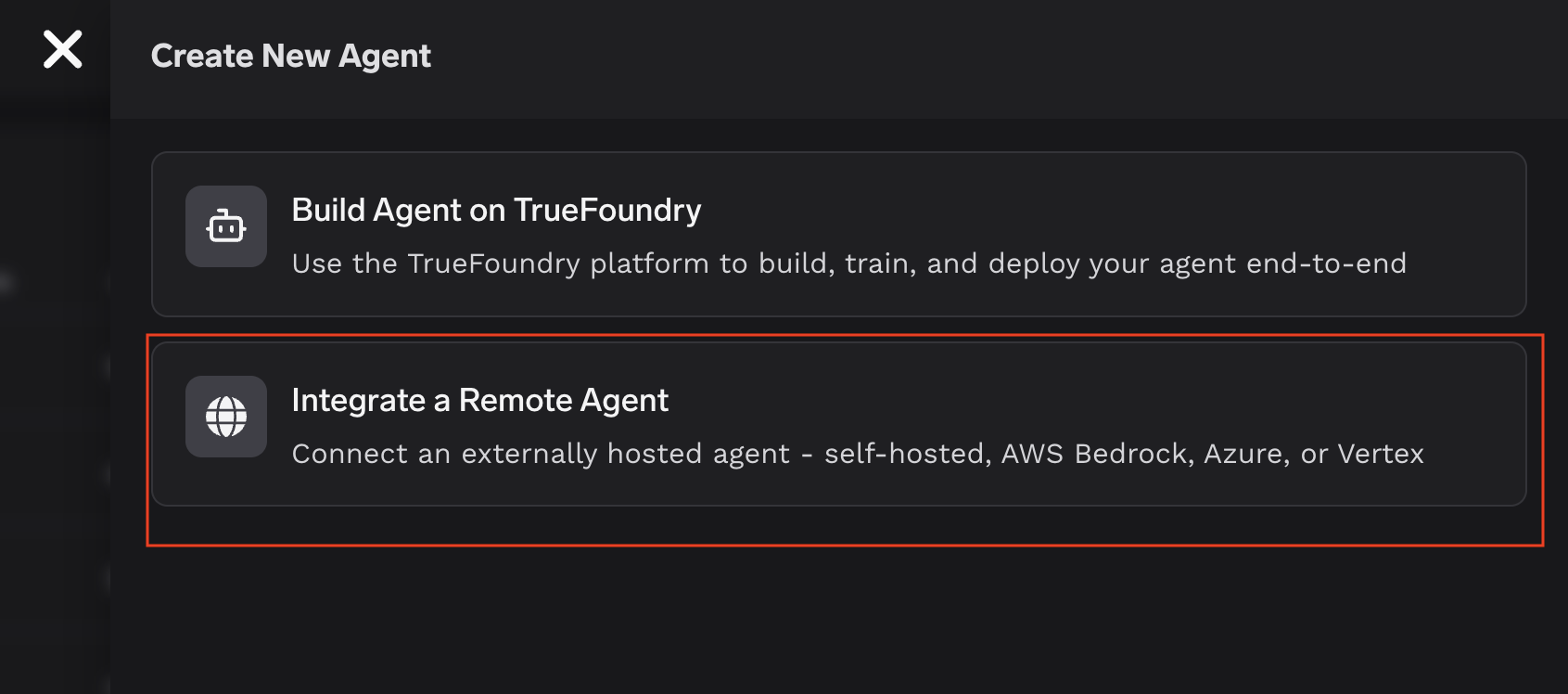 Create New Agent dialog with Integrate a Remote Agent highlighted