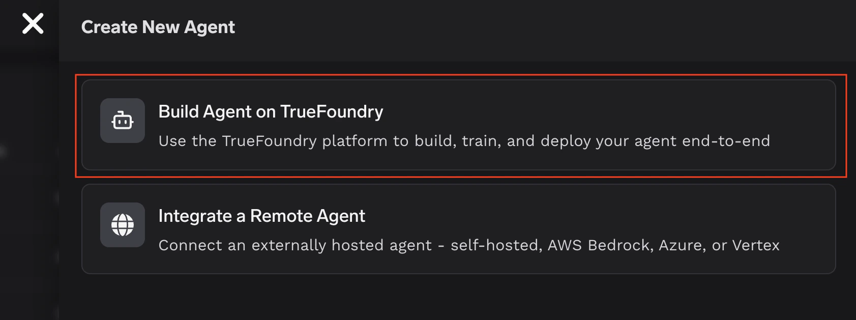 Create New Agent dialog with Build Agent on TrueFoundry highlighted