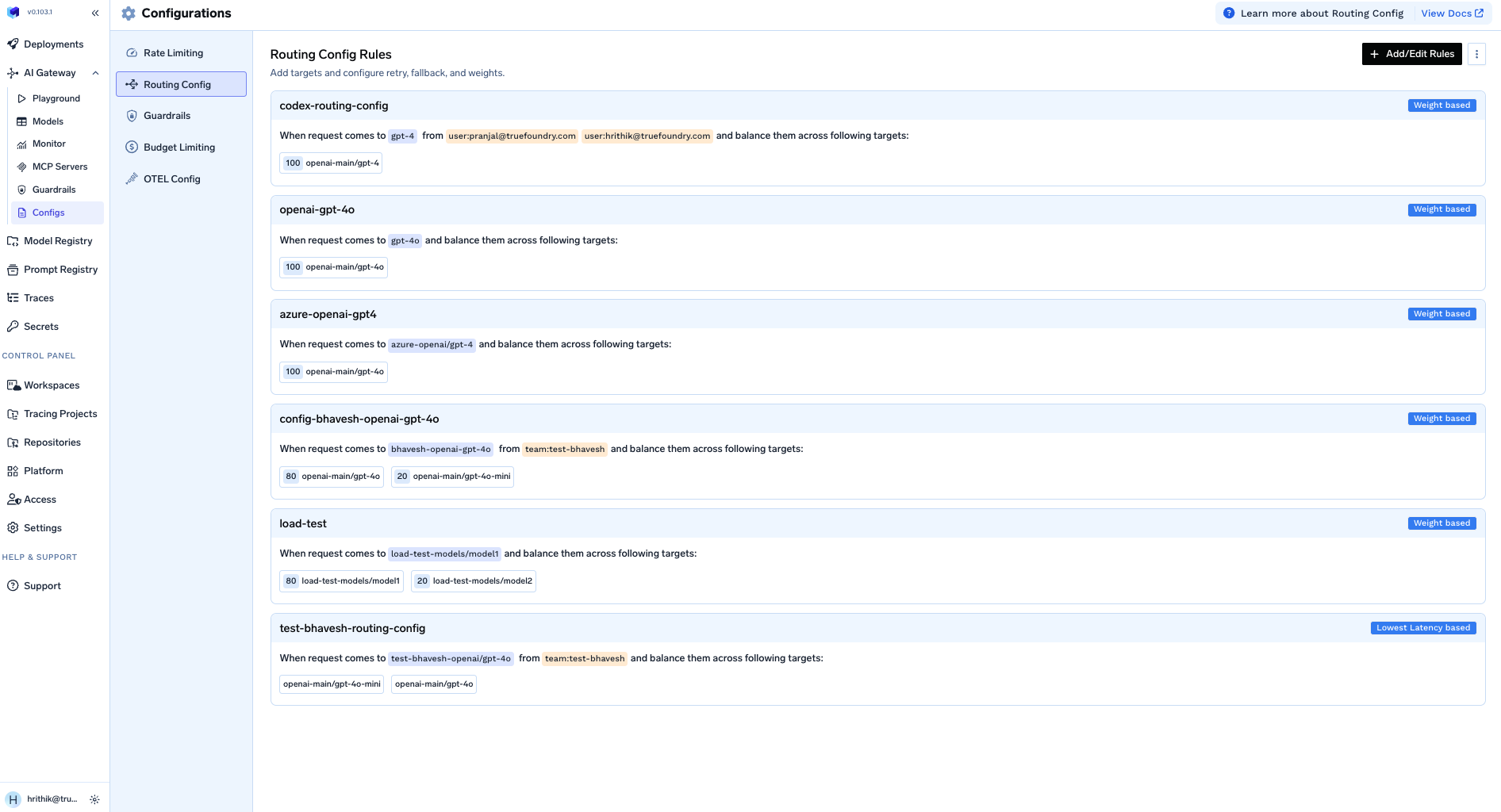TrueFoundry AI Gateway Configs Tab -> Routing Config showing YAML editor for load balancing configuration