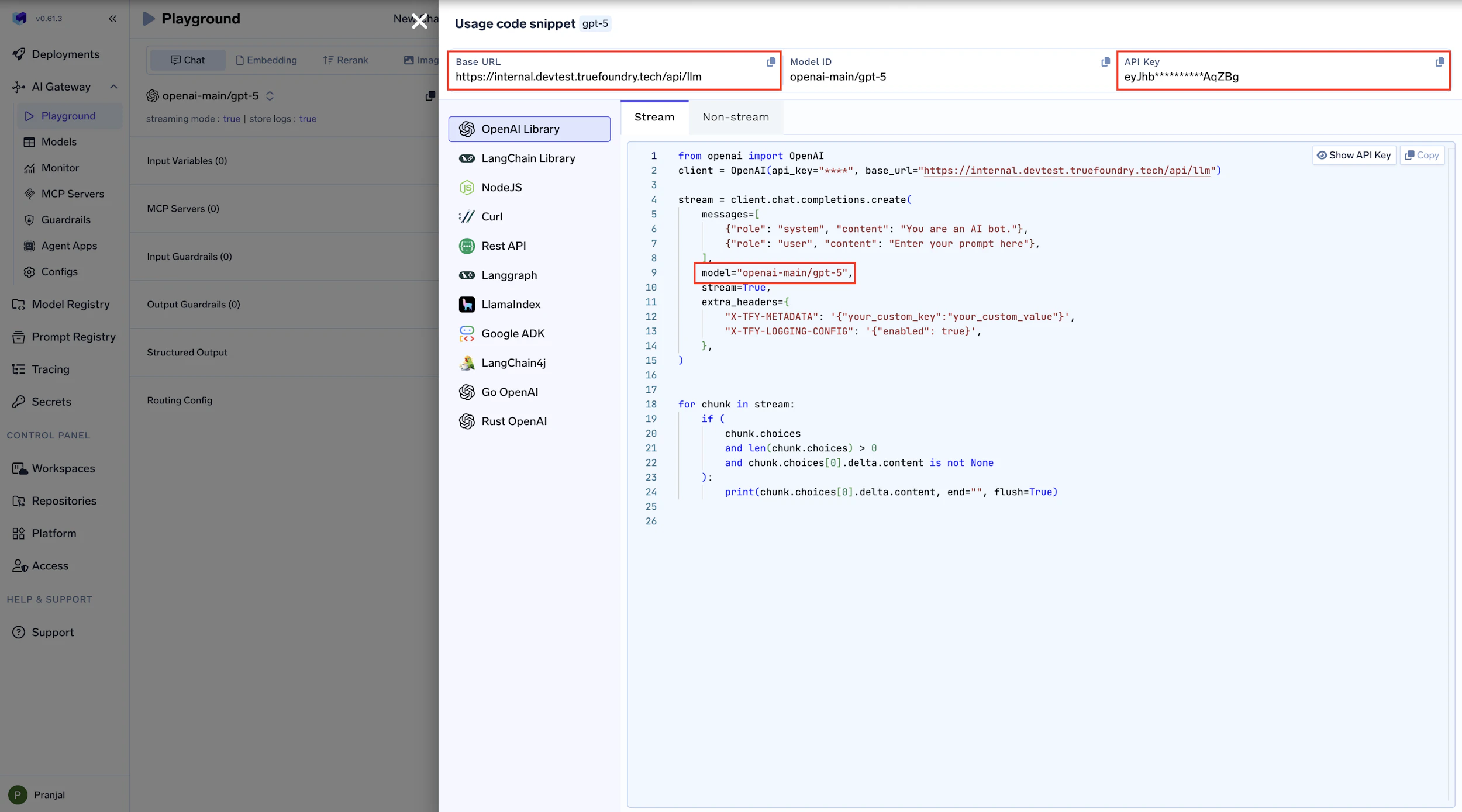 TrueFoundry playground showing unified code snippet with base URL and model name highlighted for Codex CLI integration