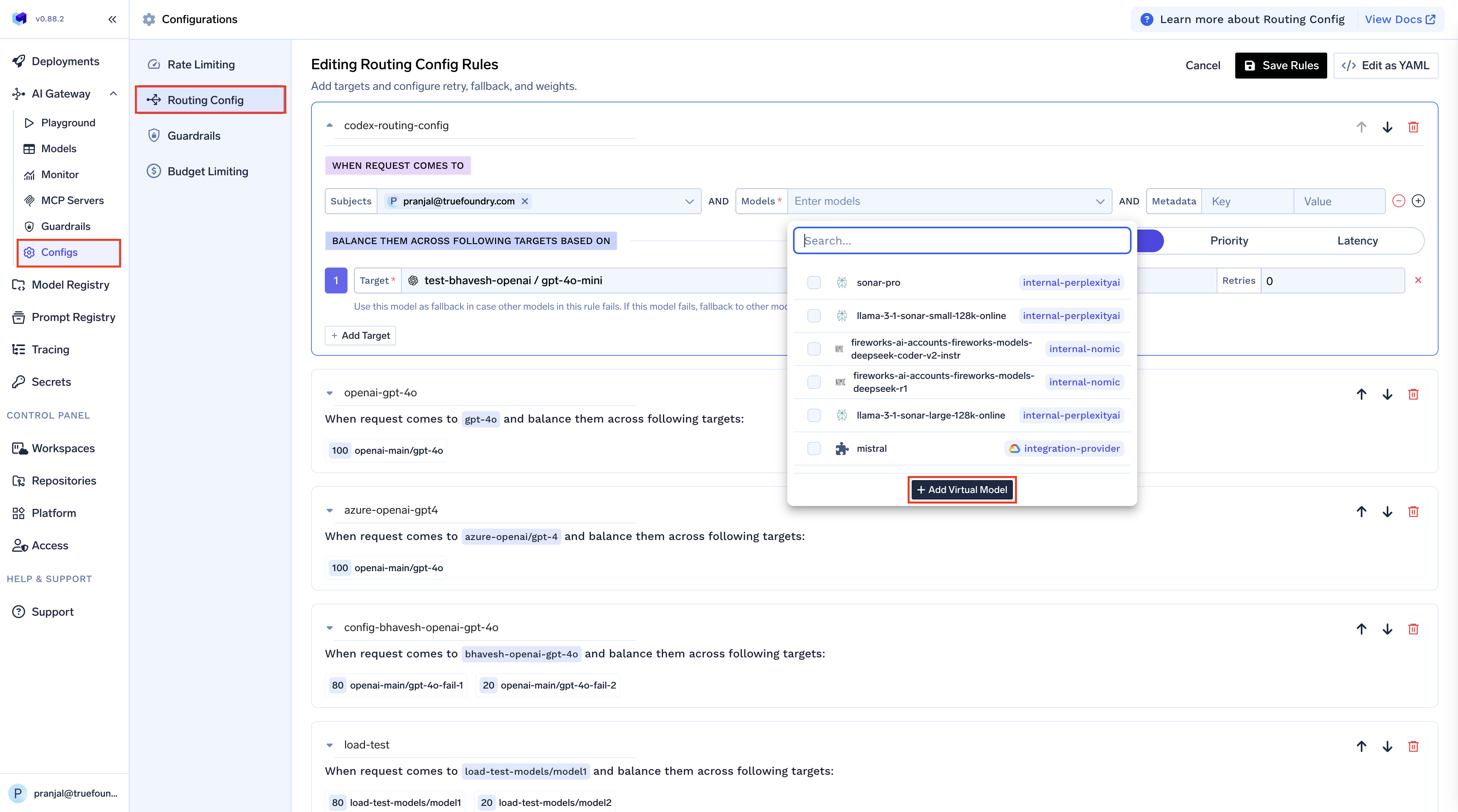 TrueFoundry AI Gateway Routing Configuration setup showing virtual model mapping
