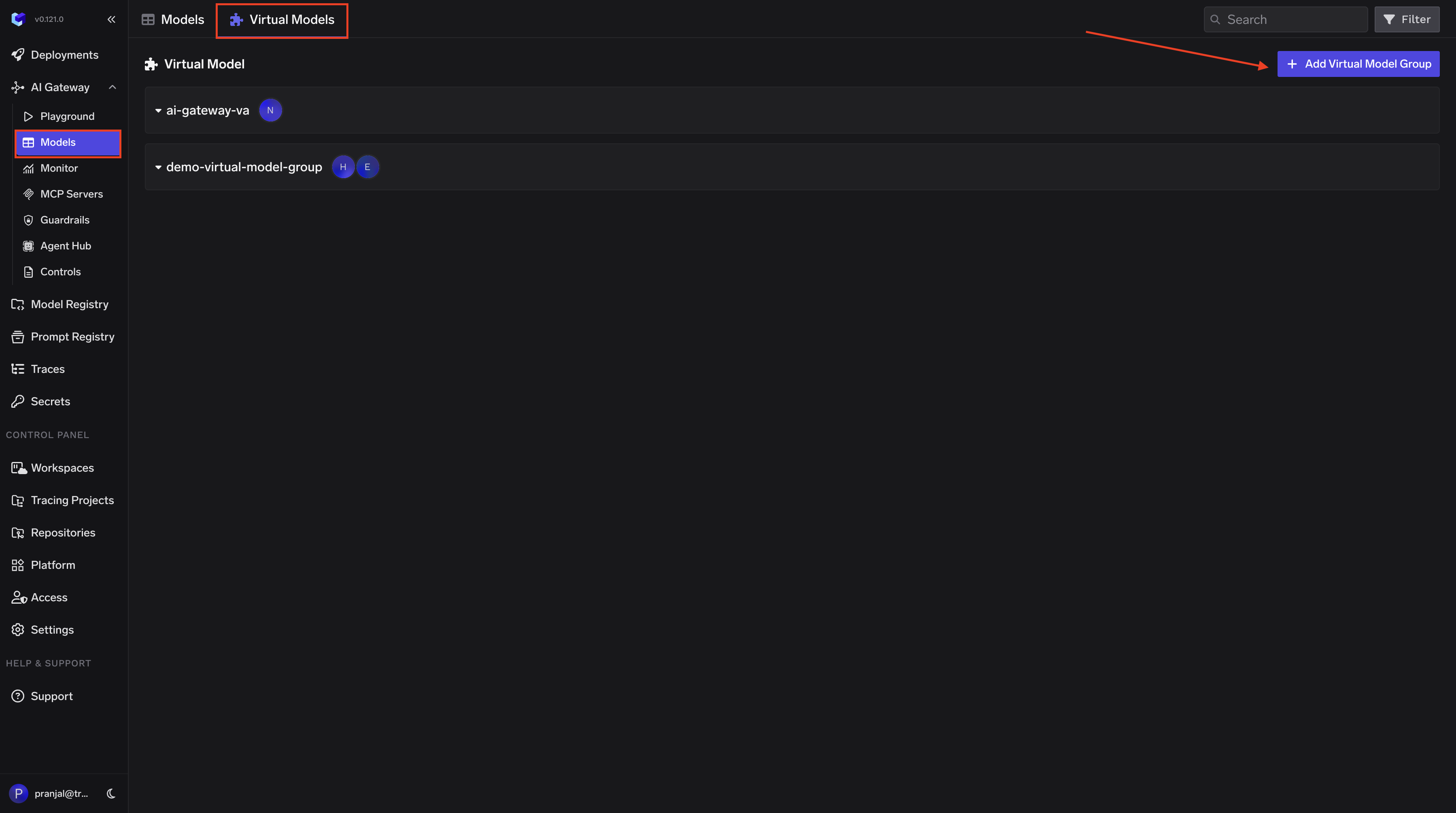 TrueFoundry AI Gateway Routing Configuration setup showing virtual model mapping