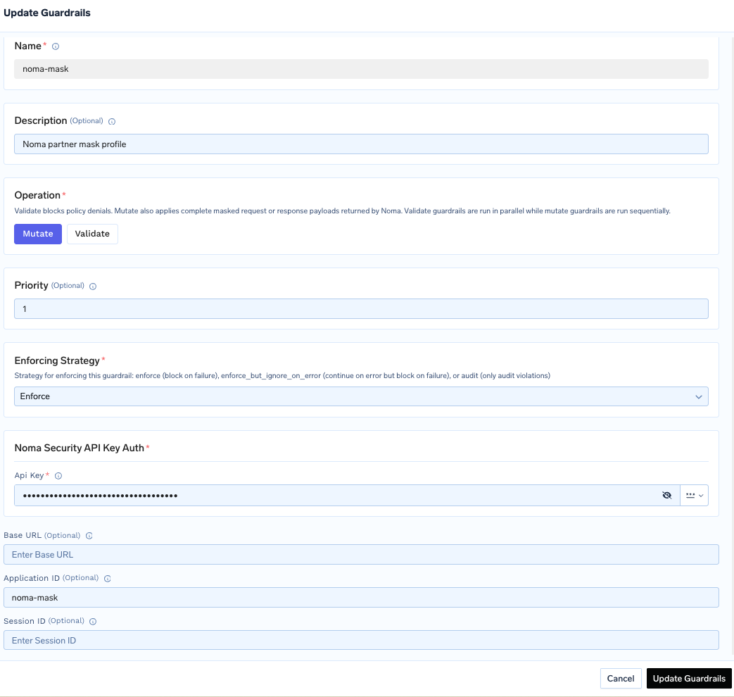 Noma Security guardrail form showing operation, priority, enforcing strategy, API key, and the optional Base URL, Application ID, and Session ID fields