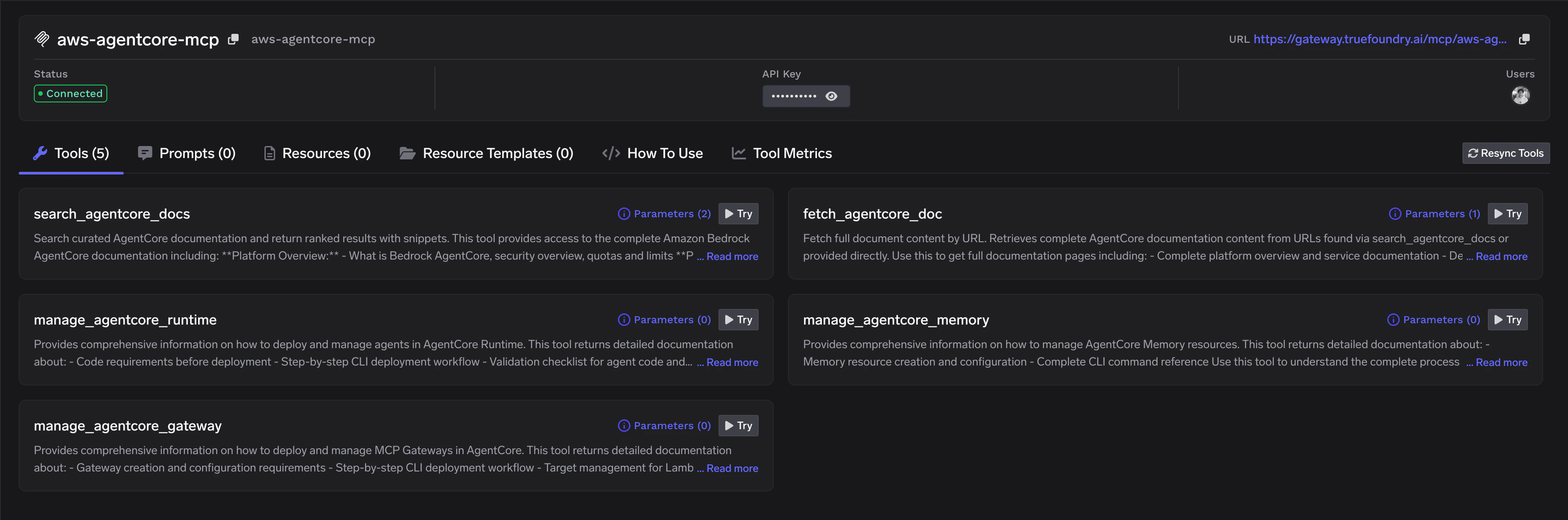TrueFoundry MCP Gateway showing the AWS AgentCore MCP server with 5 connected tools including search_agentcore_docs, fetch_agentcore_doc, manage_agentcore_runtime, manage_agentcore_memory, and manage_agentcore_gateway