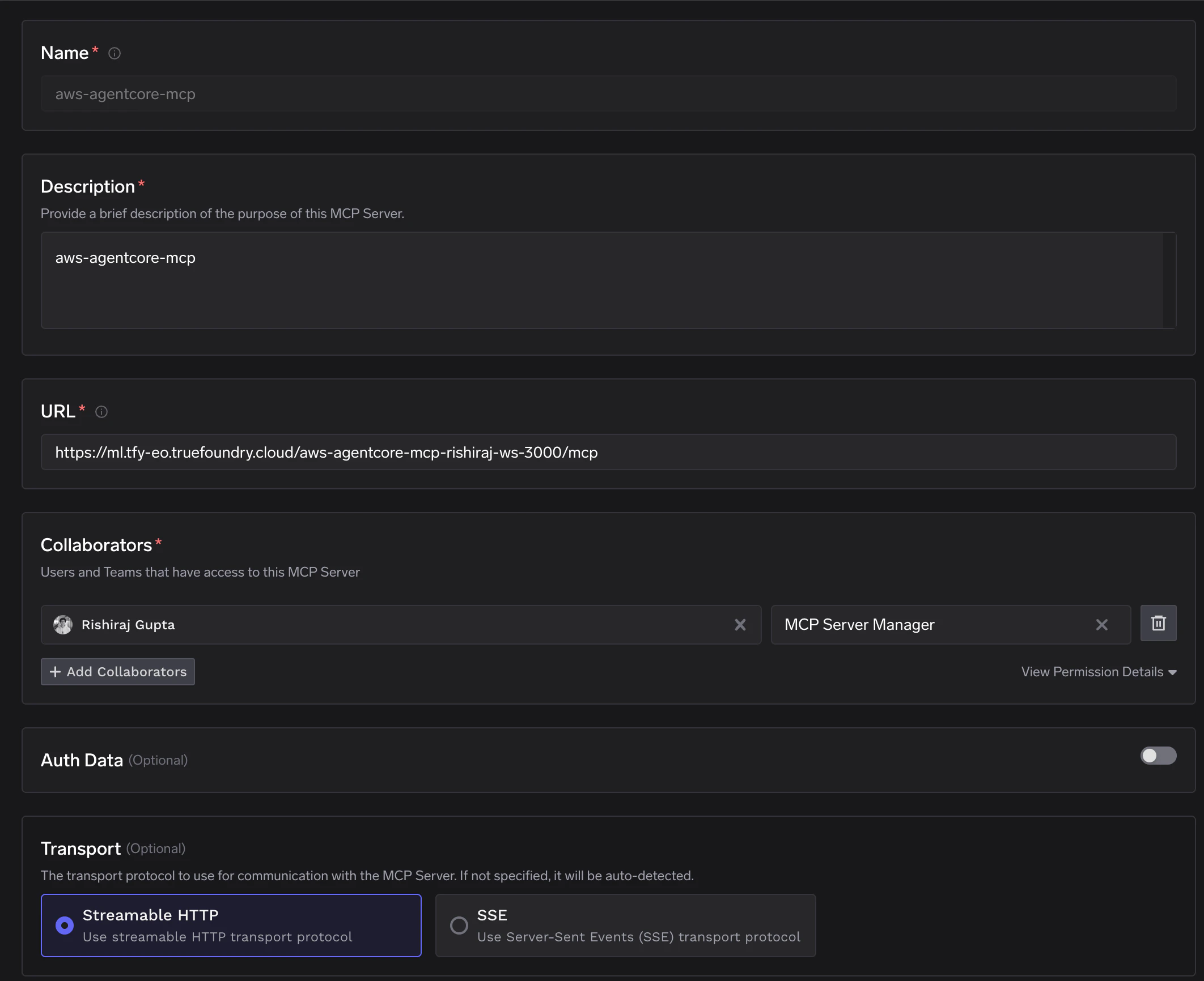 TrueFoundry MCP server registration form showing name, description, URL, and transport configuration for the AWS AgentCore MCP server