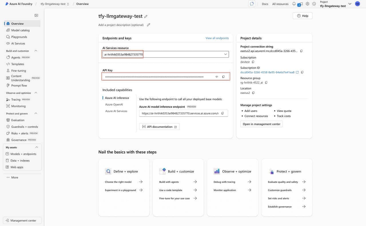 Azure AI Foundry portal showing API Key and Service Endpoint in the Overview section