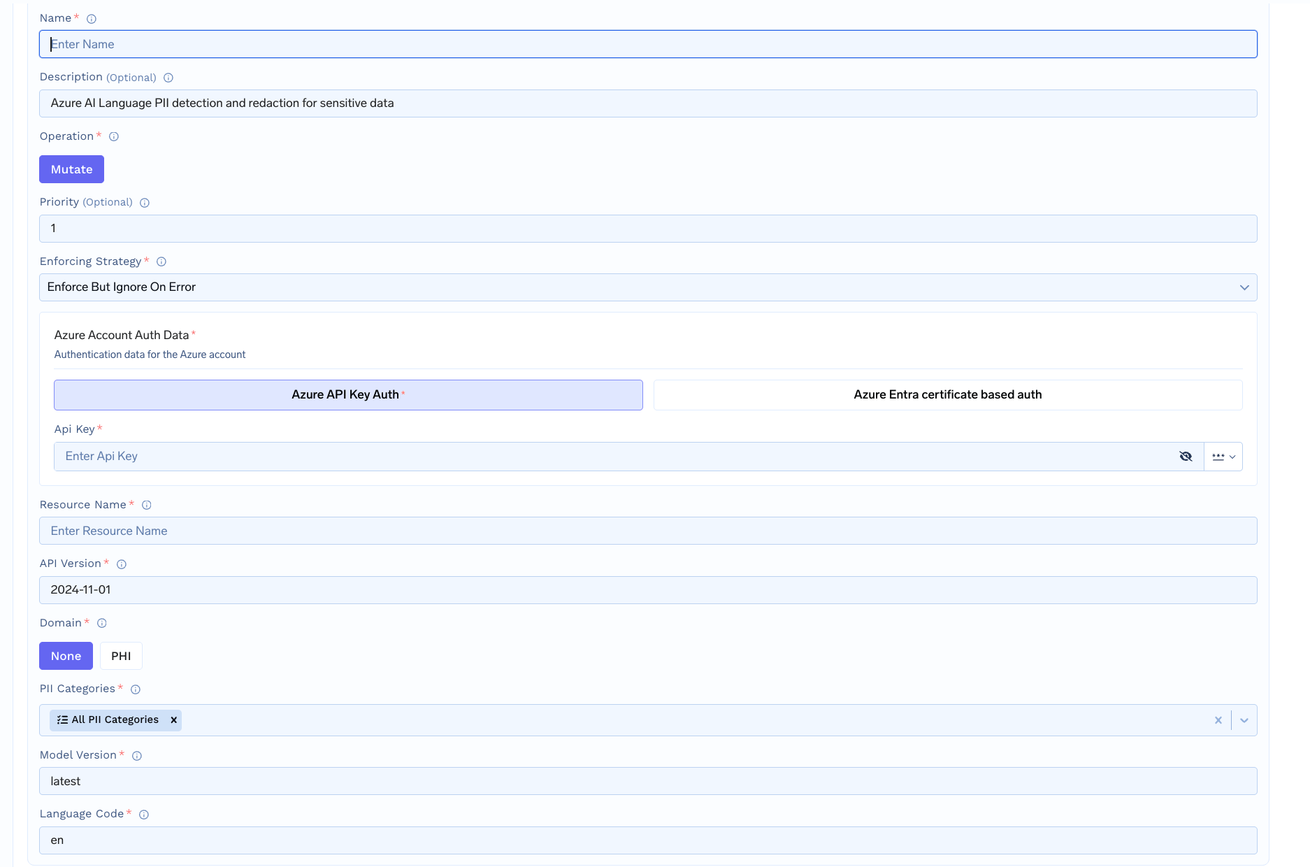 TrueFoundry interface for configuring Azure PII Guardrail with fields for name, resource name, API version, PII categories, and authentication