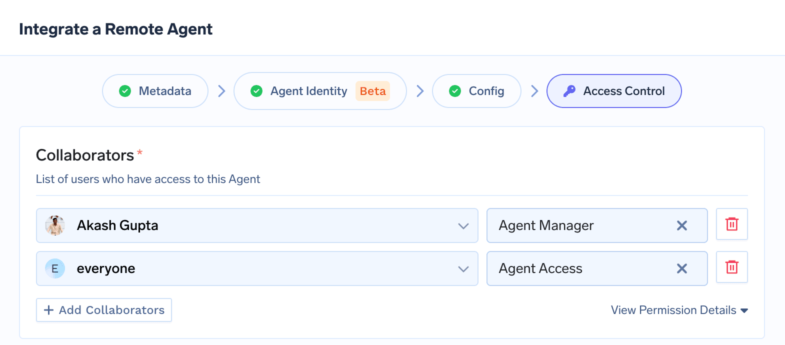 Access Control step showing collaborators Akash Gupta as Agent Manager and everyone as Agent Access, with Add Collaborators and View Permission Details controls