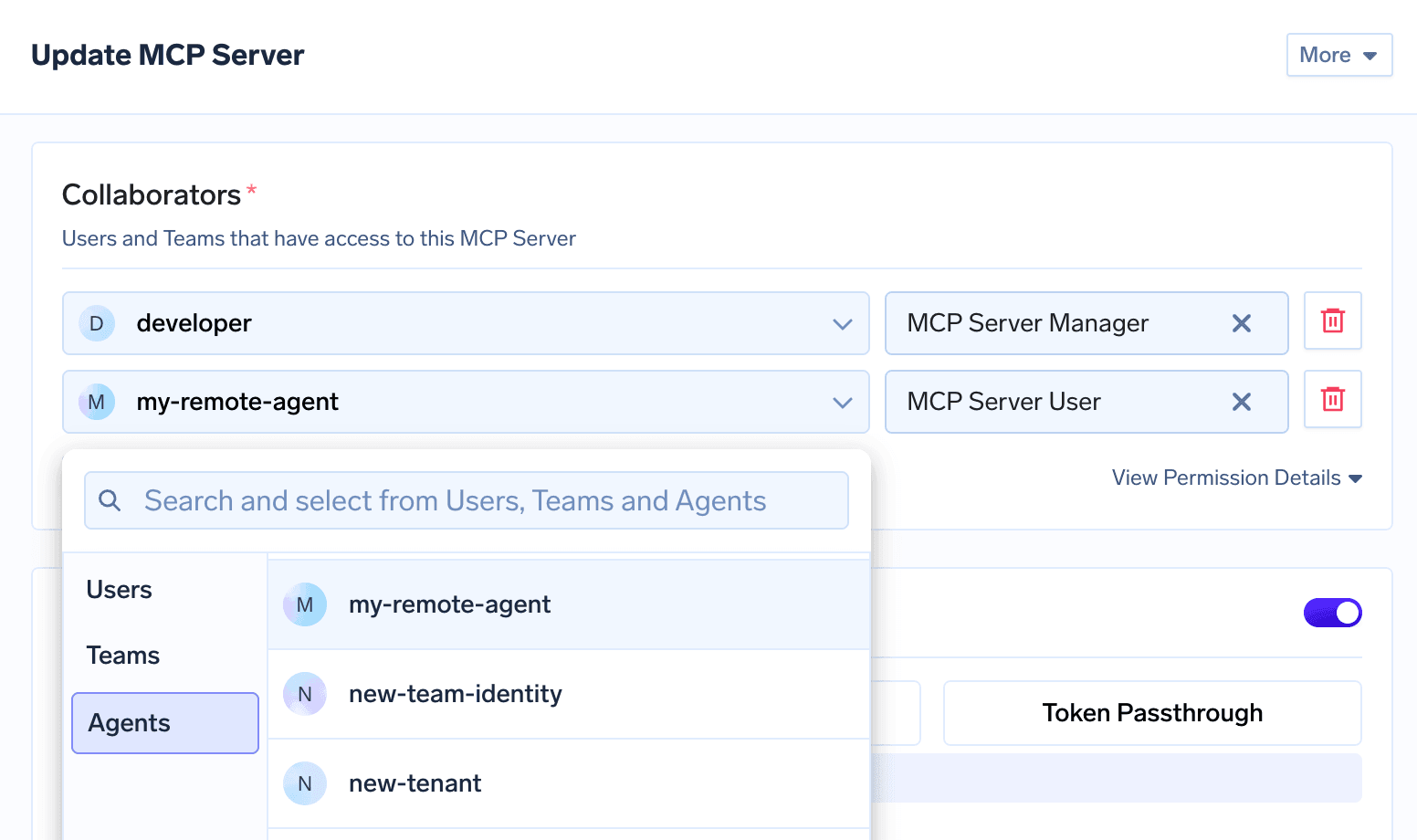 Update MCP Server dialog with collaborators developer as MCP Server Manager and my-remote-agent as MCP Server User, and the collaborator picker open on the Agents tab