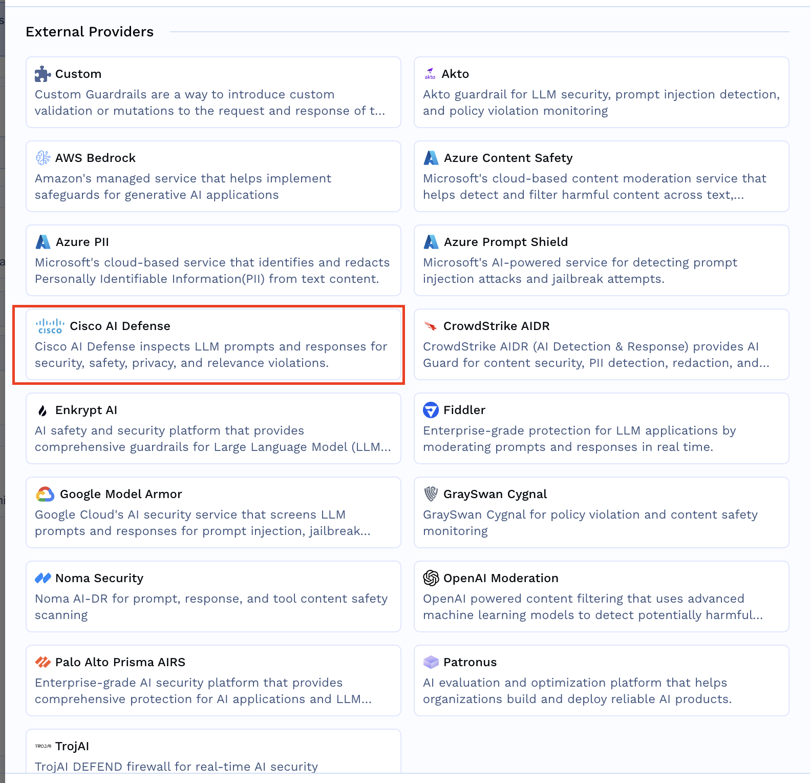 External Providers guardrail catalog with Cisco AI Defense highlighted alongside Akto, AWS Bedrock, and other integrations