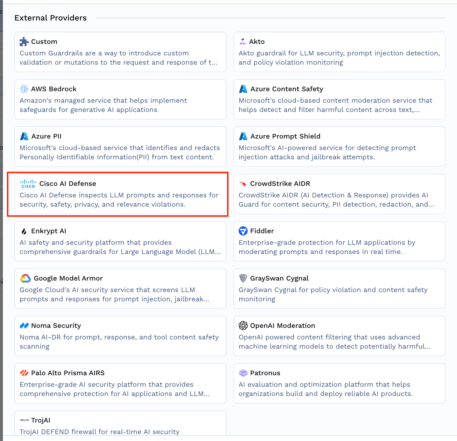 External Providers guardrail catalog with Cisco AI Defense highlighted alongside Akto, AWS Bedrock, and other integrations