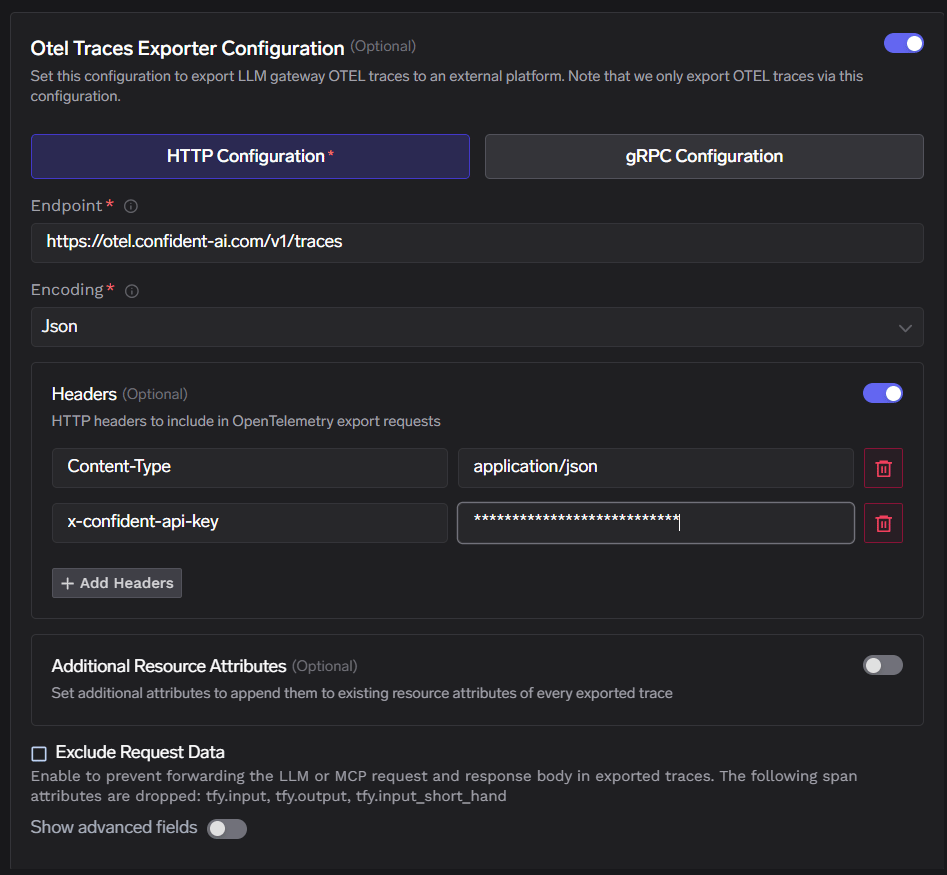 TrueFoundry OTEL Traces Exporter Configuration for Confident AI with HTTP endpoint, Json encoding, Content-Type header, and x-confident-api-key