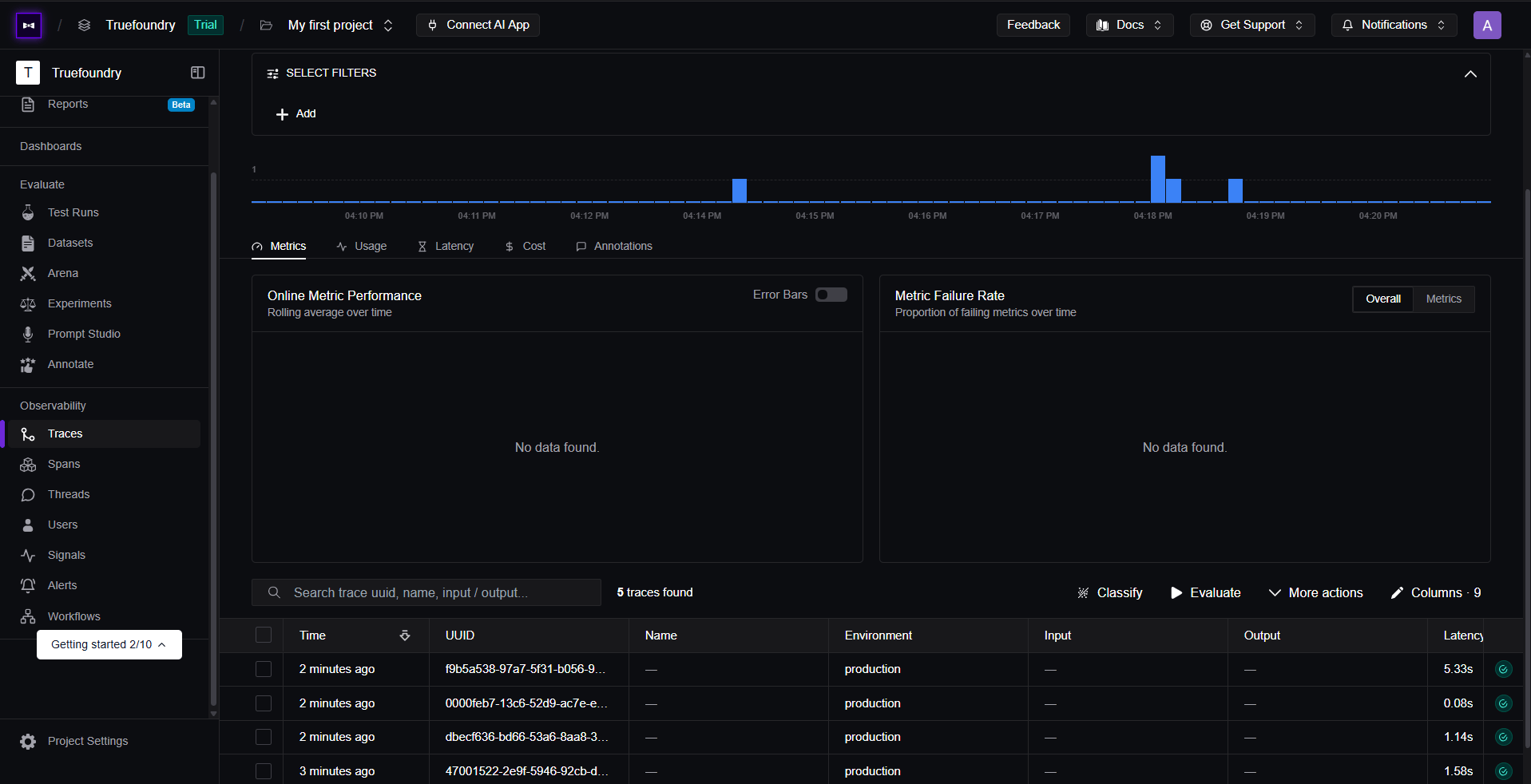 Confident AI Observability Traces dashboard showing gateway traces with latency and production environment
