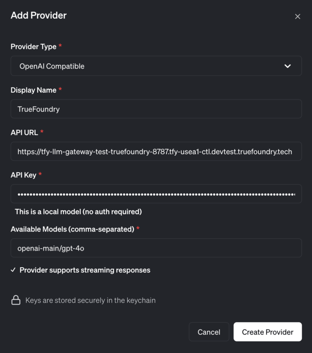 Goose Add Provider dialog showing OpenAI Compatible configuration with TrueFoundry API URL and model settings