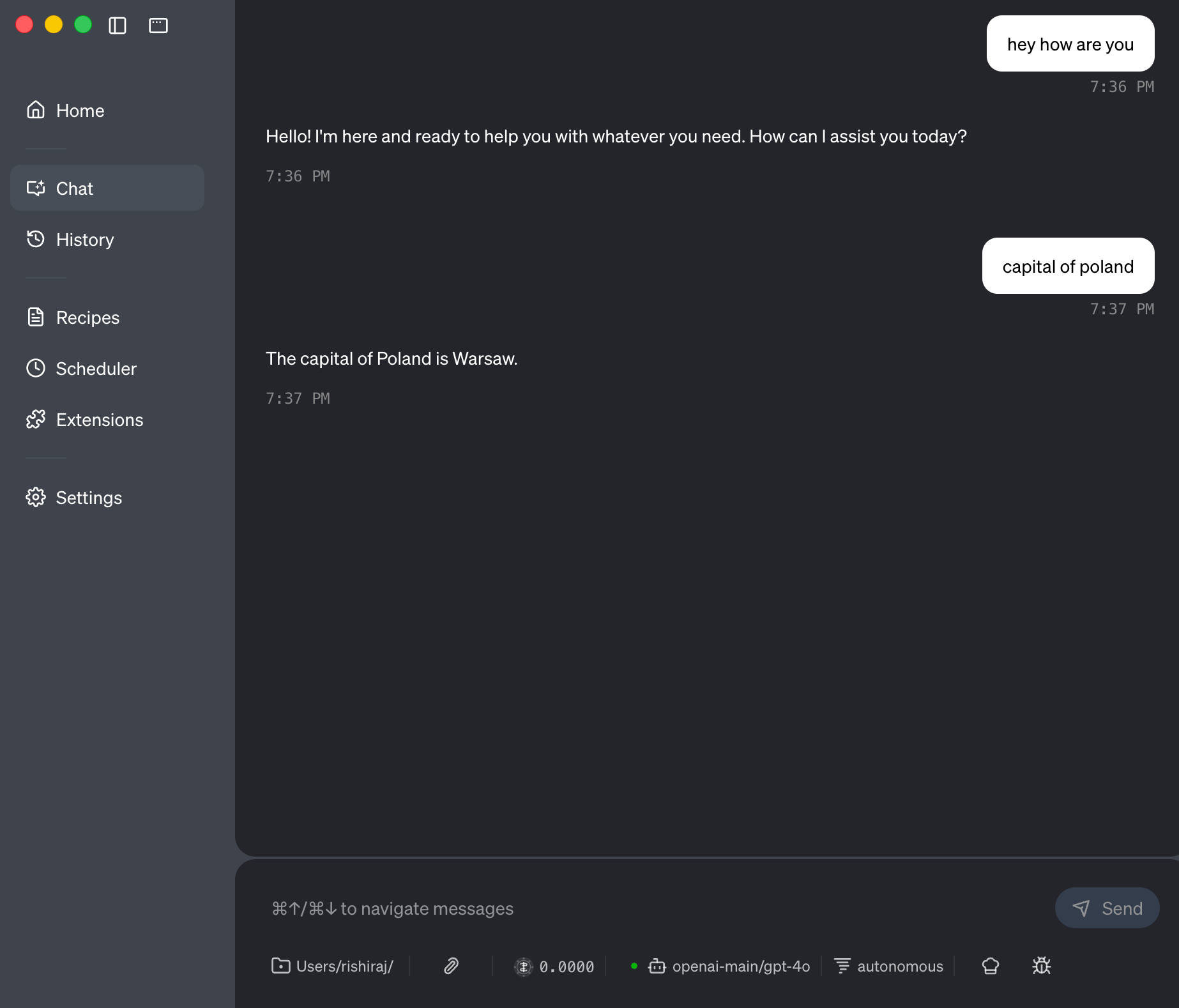 Goose chat window showing a conversation with the AI assistant using openai-main/gpt-4o model through TrueFoundry Gateway