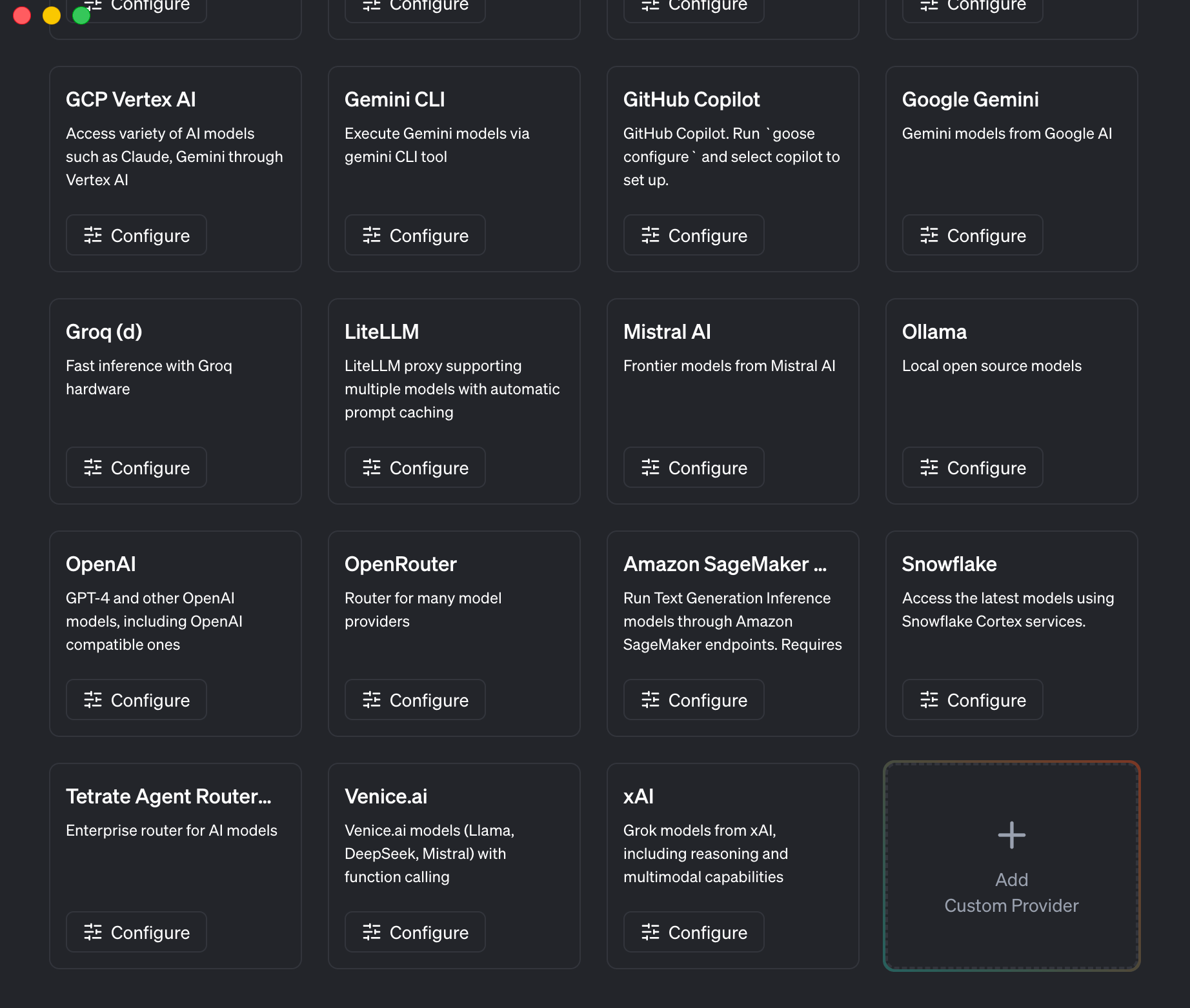 Goose settings page displaying multiple LLM provider options including OpenAI, Anthropic, Groq, and custom provider configuration