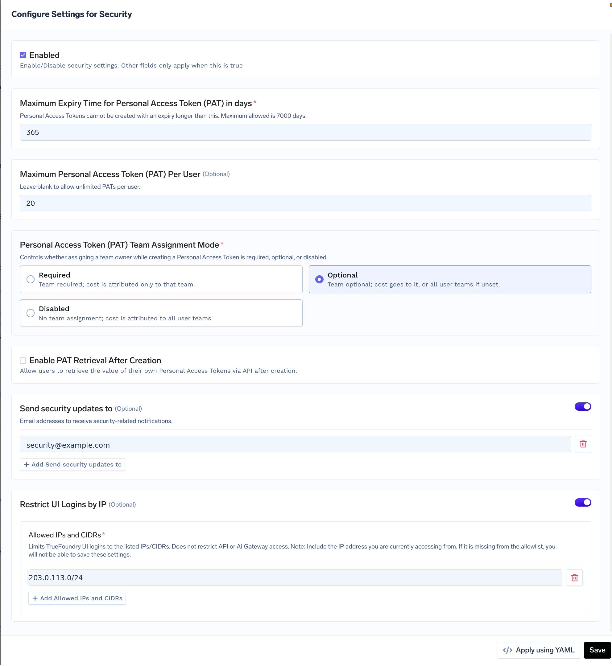 Configure Settings for Security form showing Personal Access Token limits, Optional team assignment selected, token retrieval disabled, security notifications enabled, and UI login IP restrictions enabled