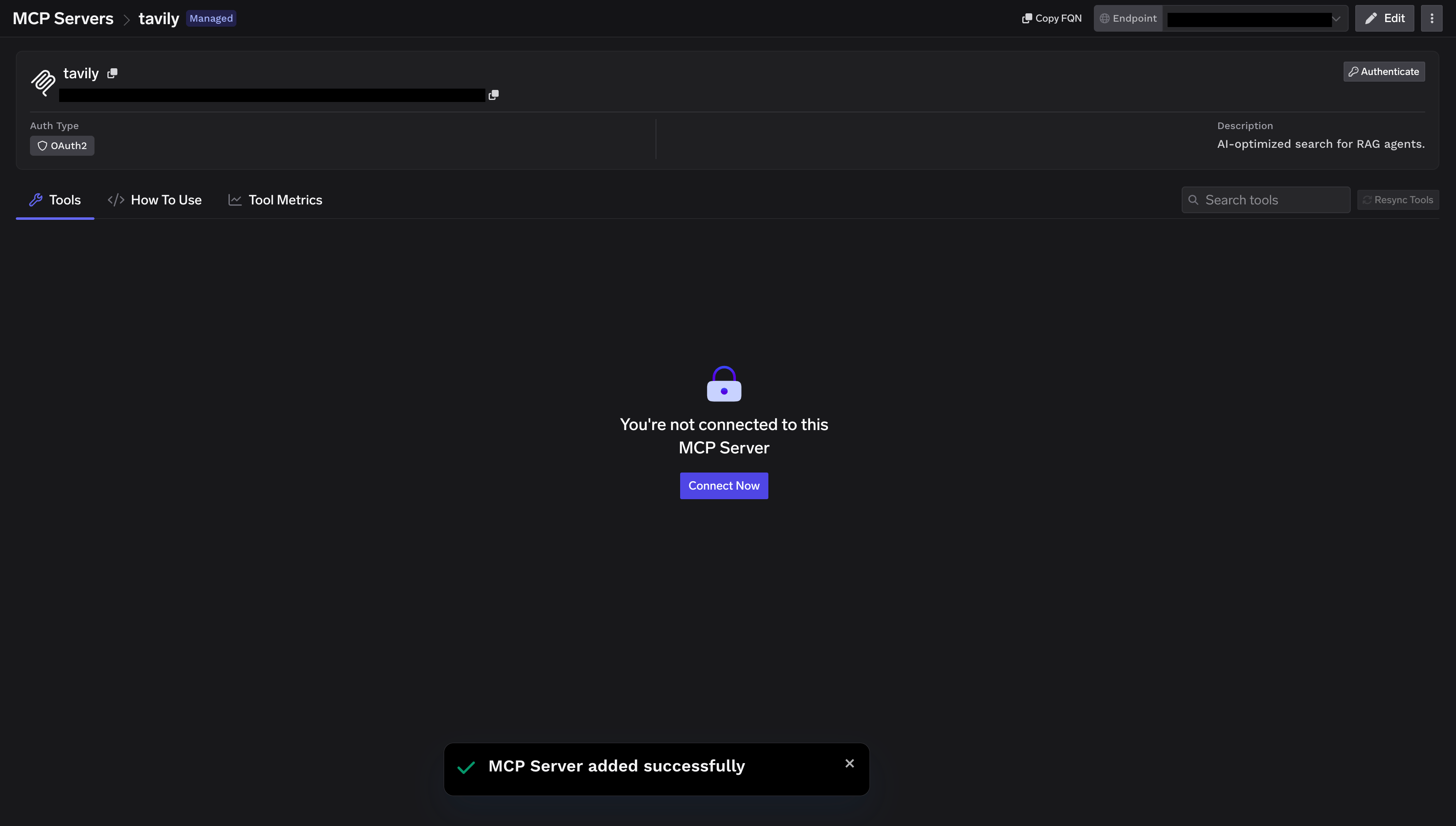 Tavily Tools tab showing the Connect Now button before authentication
