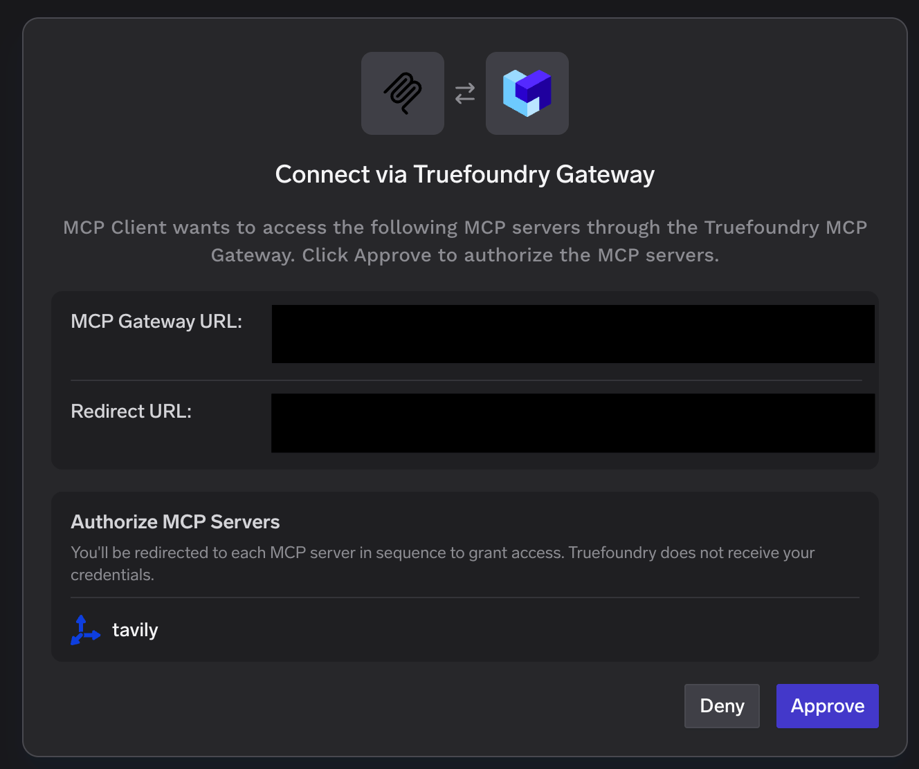 Connect via TrueFoundry Gateway popup showing the MCP Gateway URL and redirect URL with an Approve button