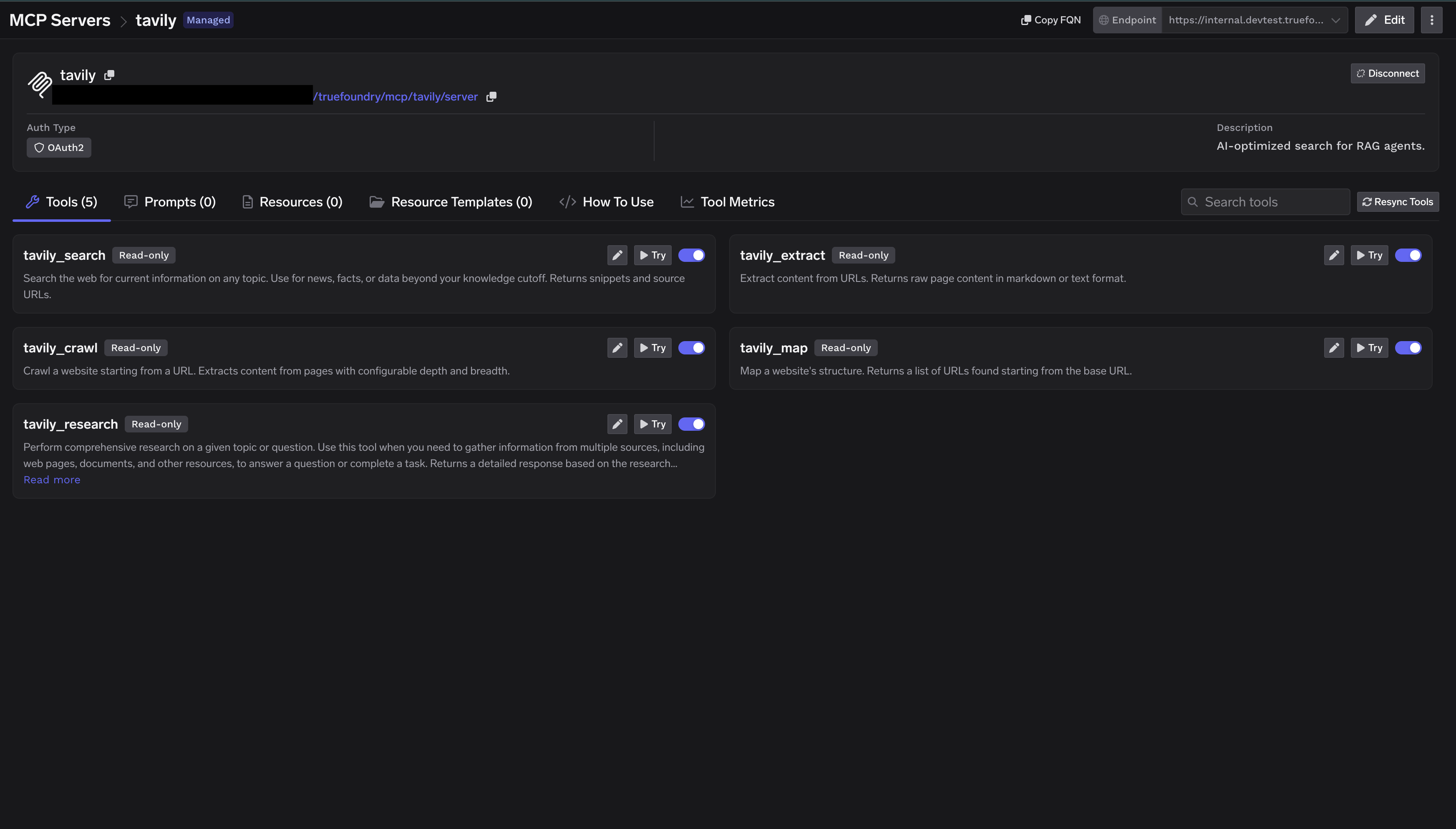 Tavily Tools tab populated with Tavily's tools after a successful connection
