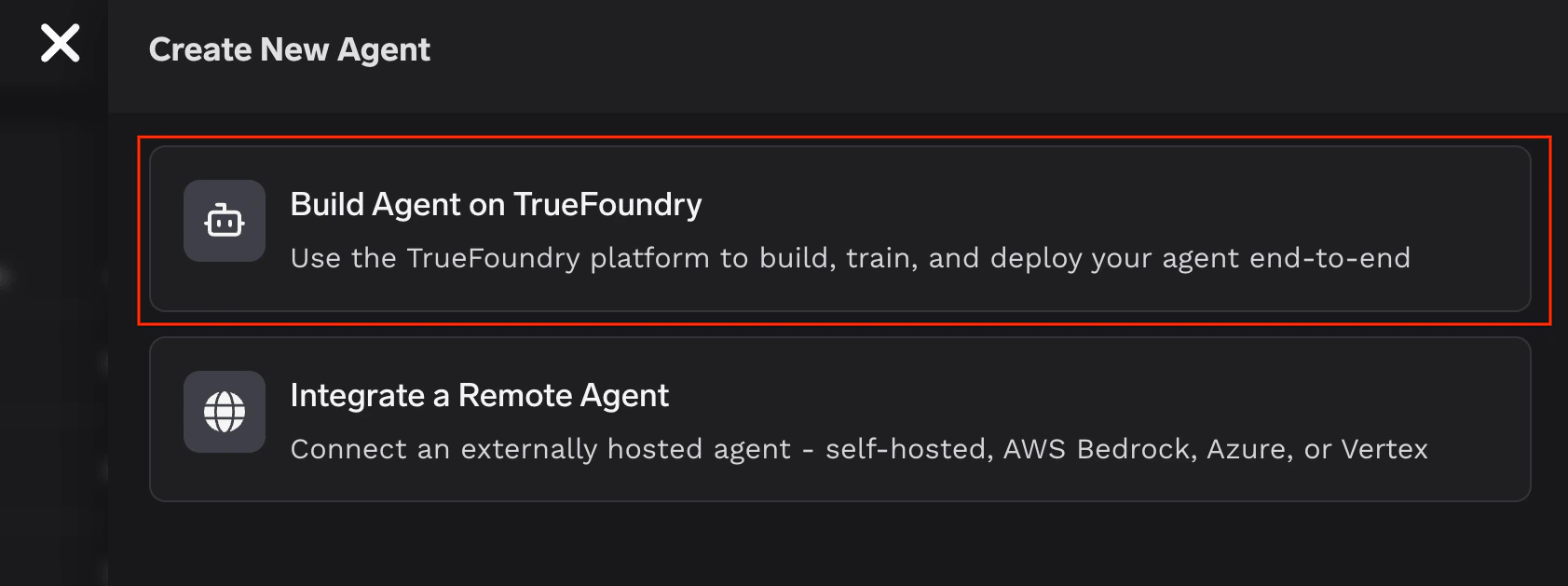 Create New Agent dialog with Build Agent on TrueFoundry highlighted
