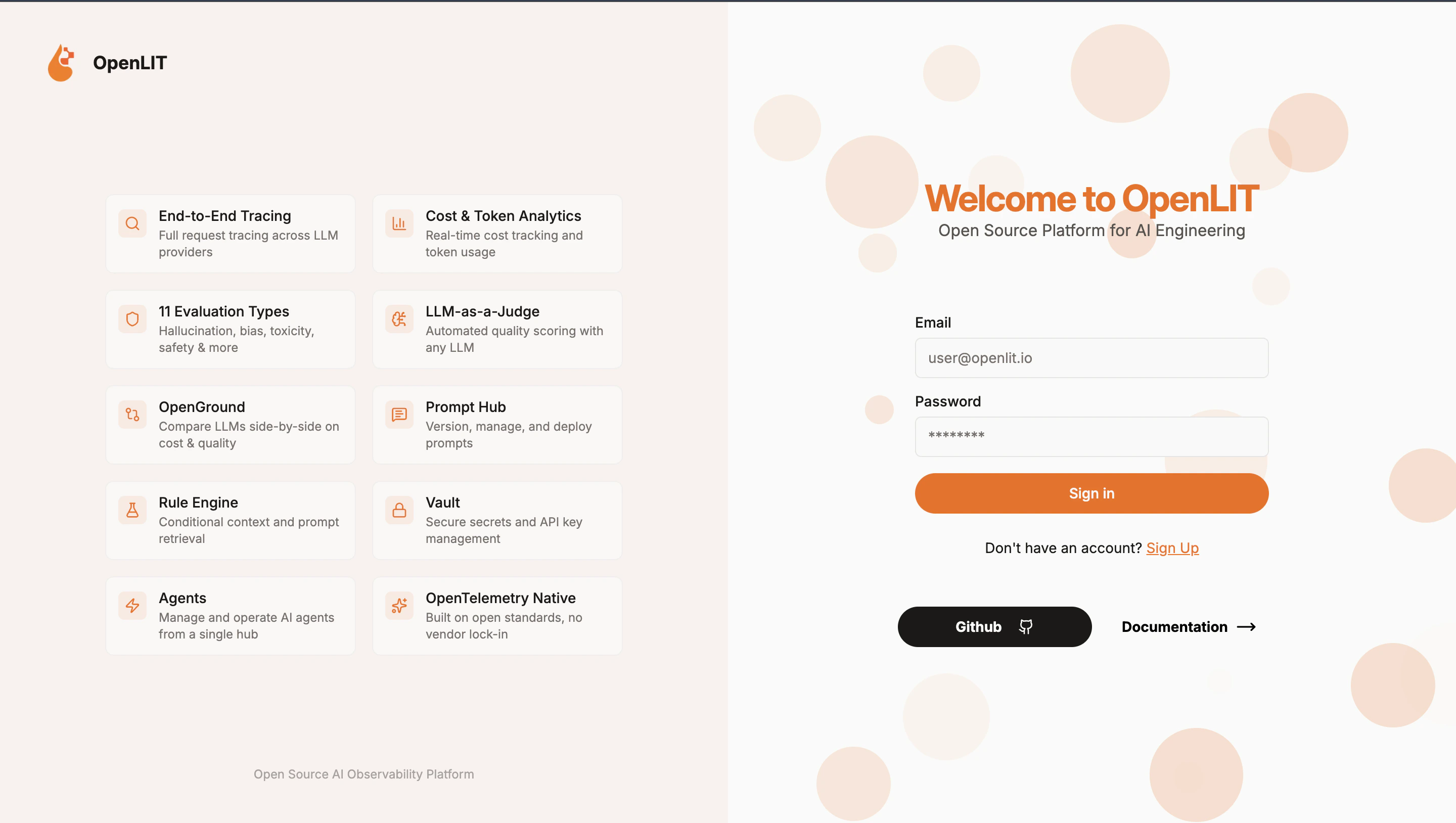 OpenLIT dashboard login page with email and password fields