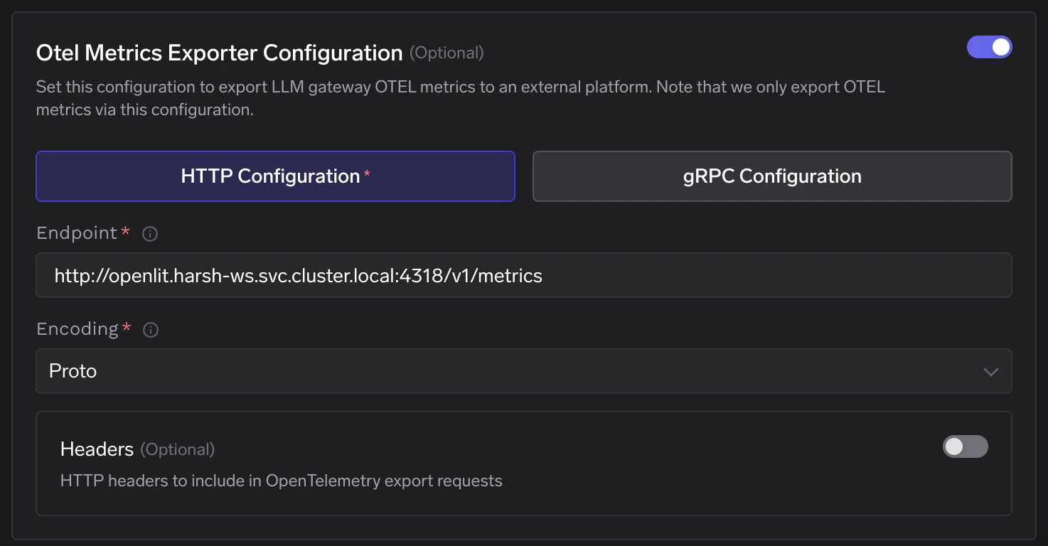 TrueFoundry OTEL Metrics Exporter Configuration showing HTTP endpoint pointing to OpenLIT collector