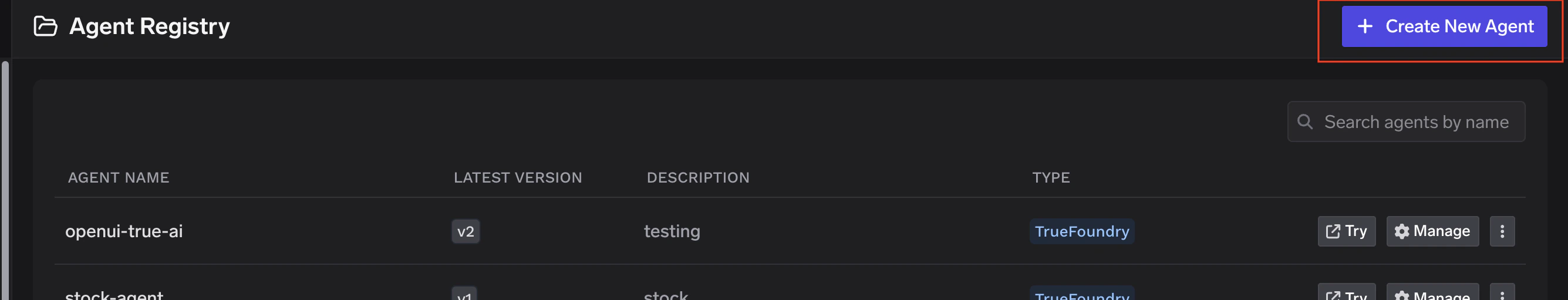 Create New Agent button on the Agent Registry page