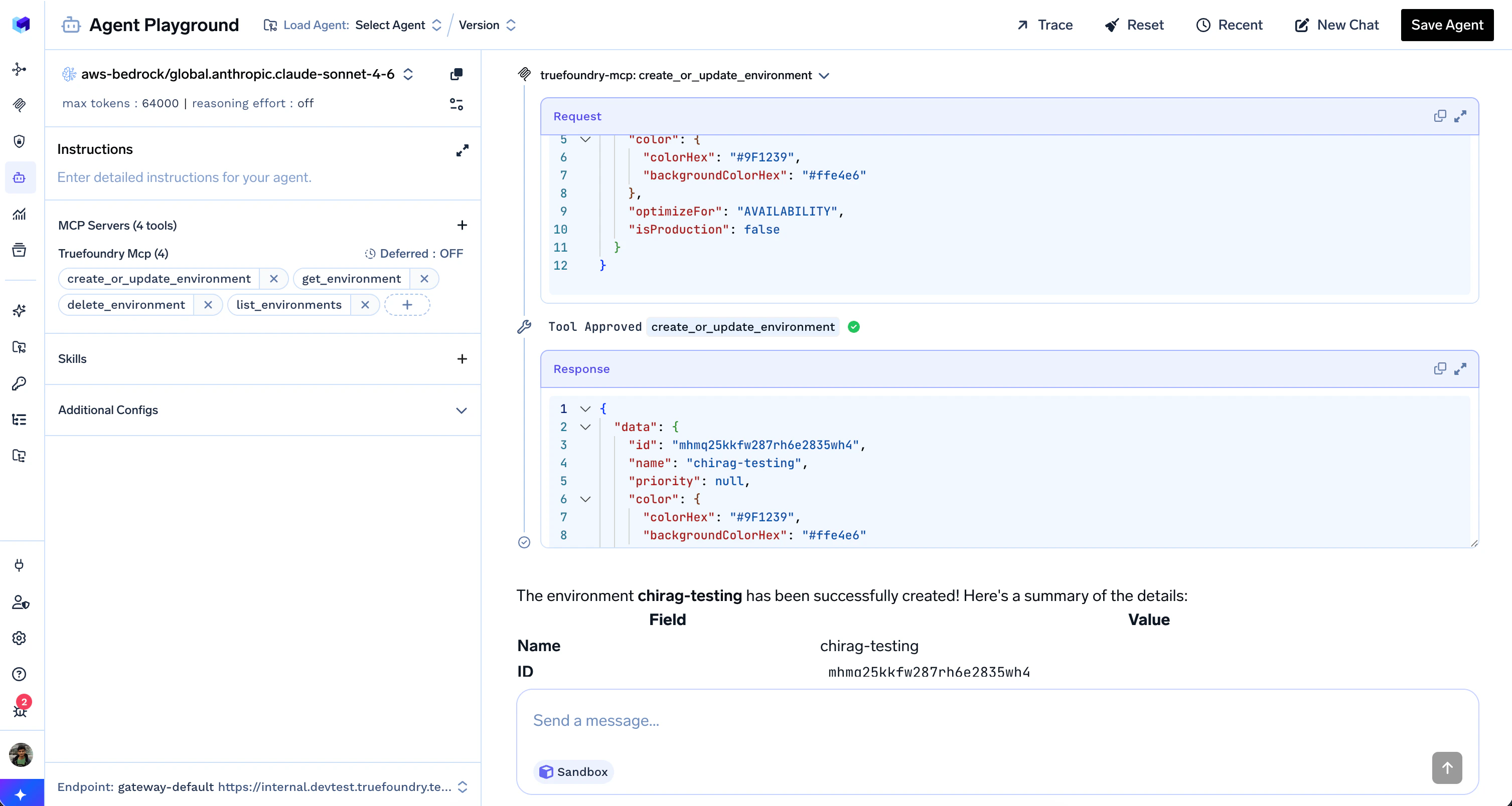Agent Playground showing Tool Approved for create_or_update_environment, the tool response payload, and the assistant's confirmation that the environment was created
