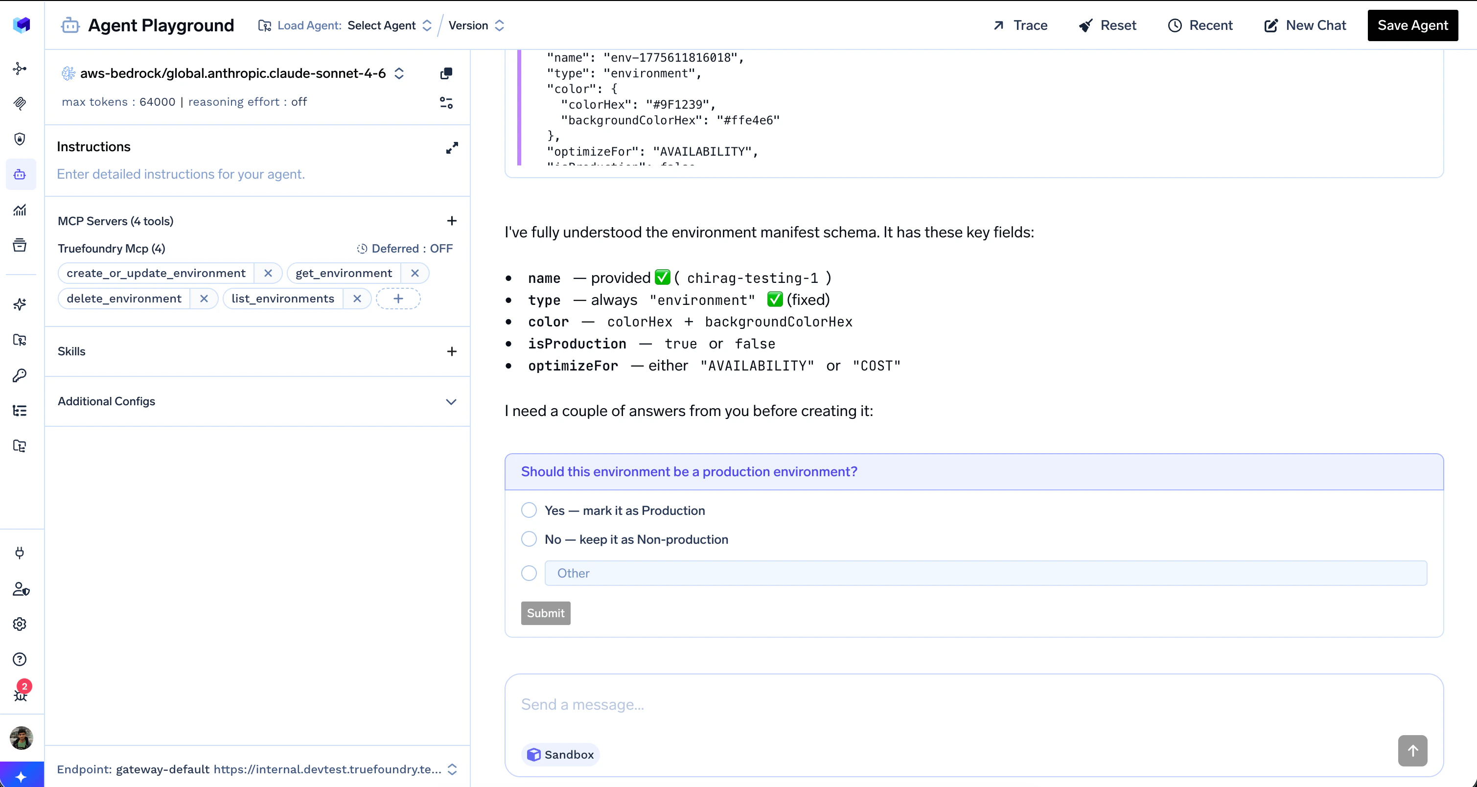 Agent Playground showing the assistant summarizing the environment manifest schema and then asking 'Should this environment be a production environment?' with three options: Yes — mark it as Production, No — keep it as Non-production, and a free-form Other input