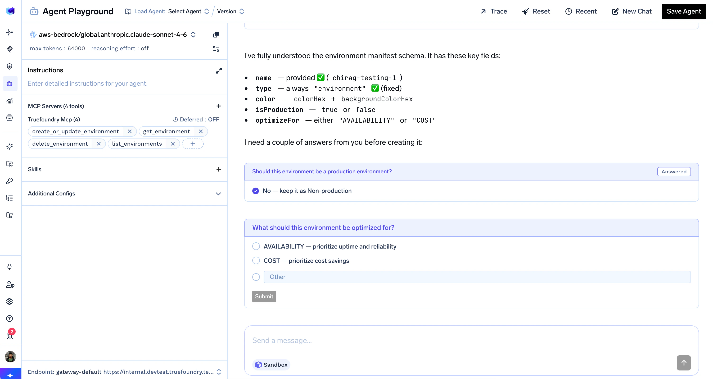 Agent Playground showing the previous question answered with 'No — keep it as Non-production' and a new question 'What should this environment be optimized for?' with options AVAILABILITY — prioritize uptime and reliability, COST — prioritize cost savings, and Other
