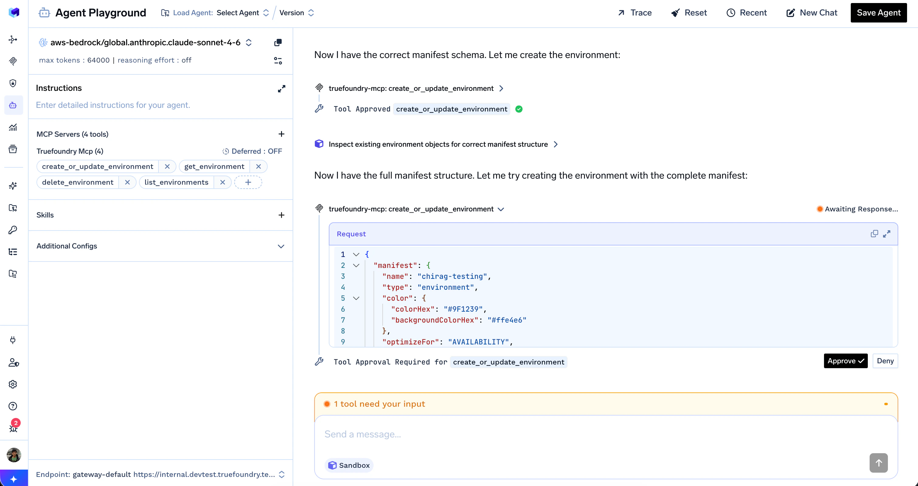 Agent Playground showing a paused tool call for create_or_update_environment with the request body and Approve and Deny action buttons