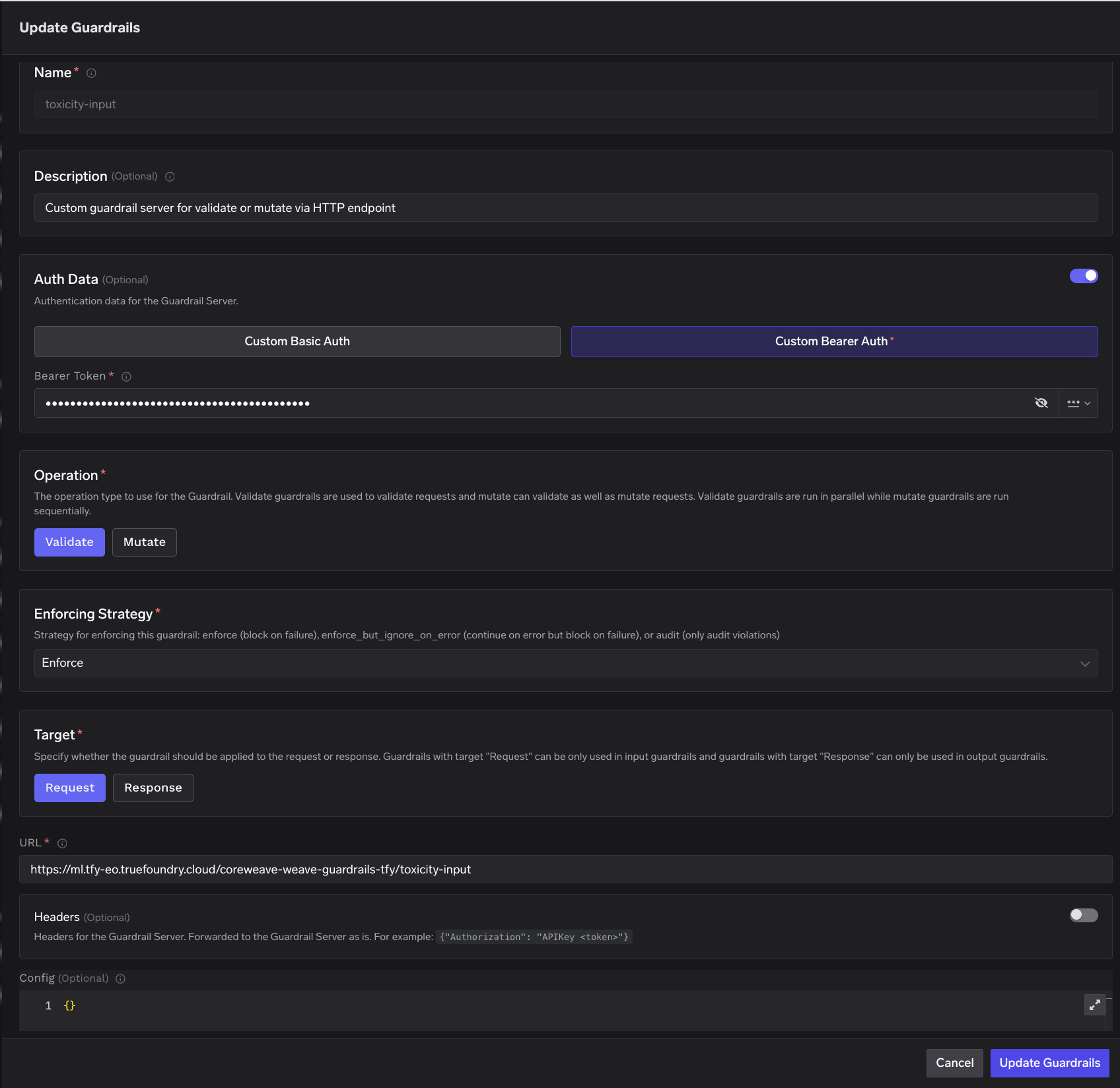 TrueFoundry Custom Guardrail configuration form populated for the CoreWeave Weave toxicity-input guardrail with Custom Bearer Auth, Validate operation, Enforce strategy, Request target, and the wrapper toxicity-input URL