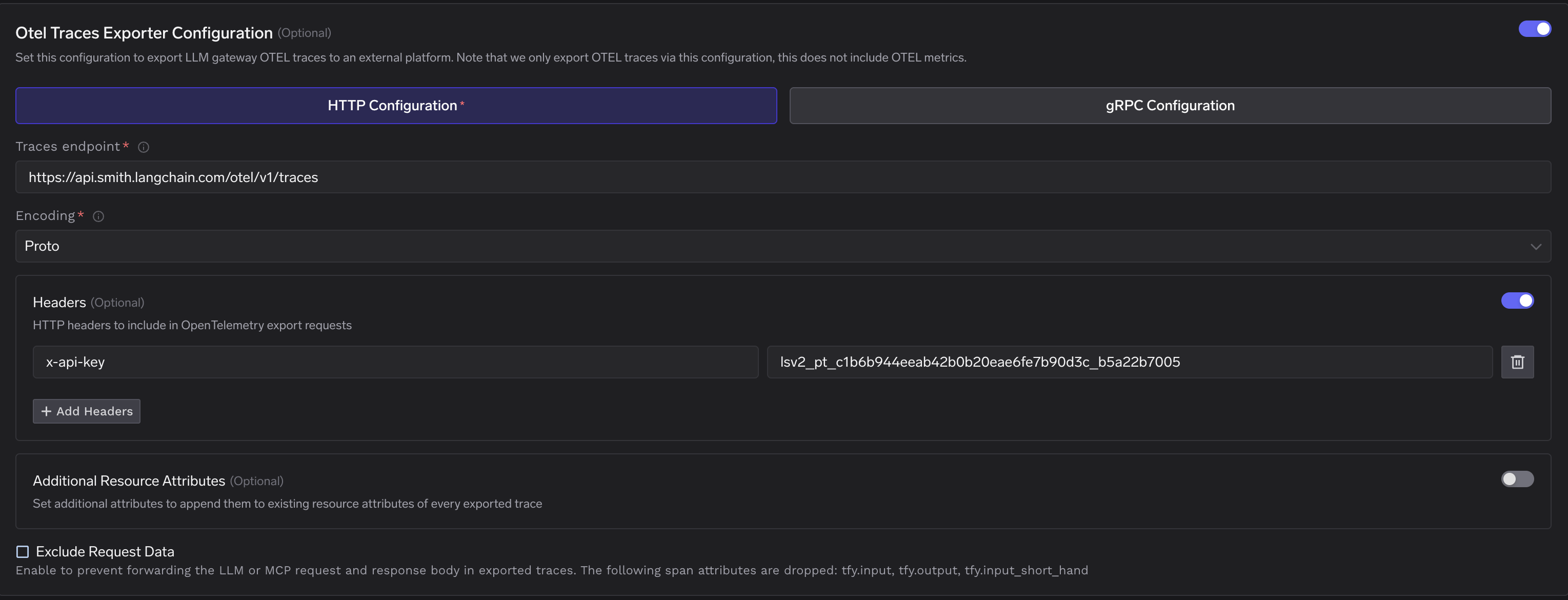TrueFoundry OTEL Traces Exporter Configuration showing HTTP configuration with LangSmith endpoint