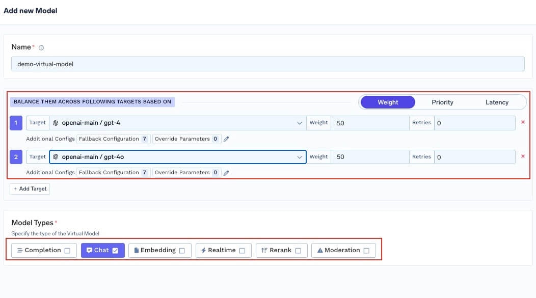 Configure virtual model details, routing strategy, and target models
