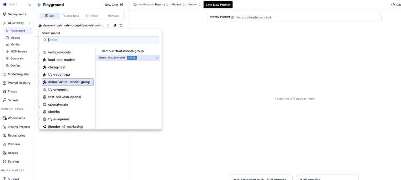 Select virtual model from model dropdown in playground