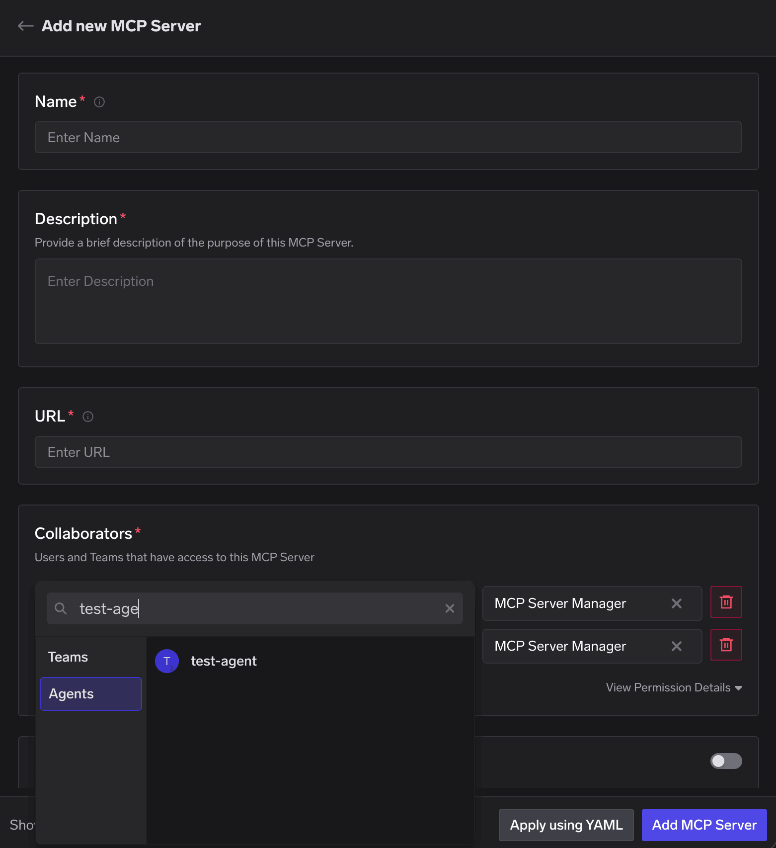 Add new MCP Server form with the Collaborators subject picker open on the Agents tab, showing an agent identity being selected